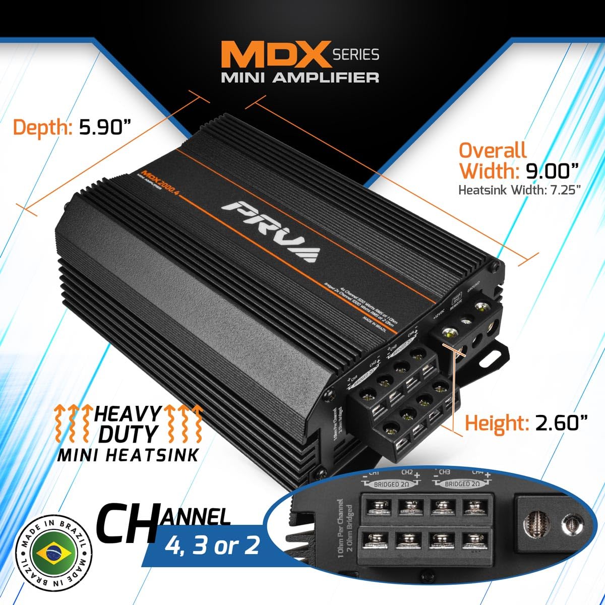Amplificador de Audio para Coche PRV Audio MDX2000.4 4 Canales 1 Ohmio 2000 Vatios 12 Voltios para Deportes de Potencia y Motocicletas