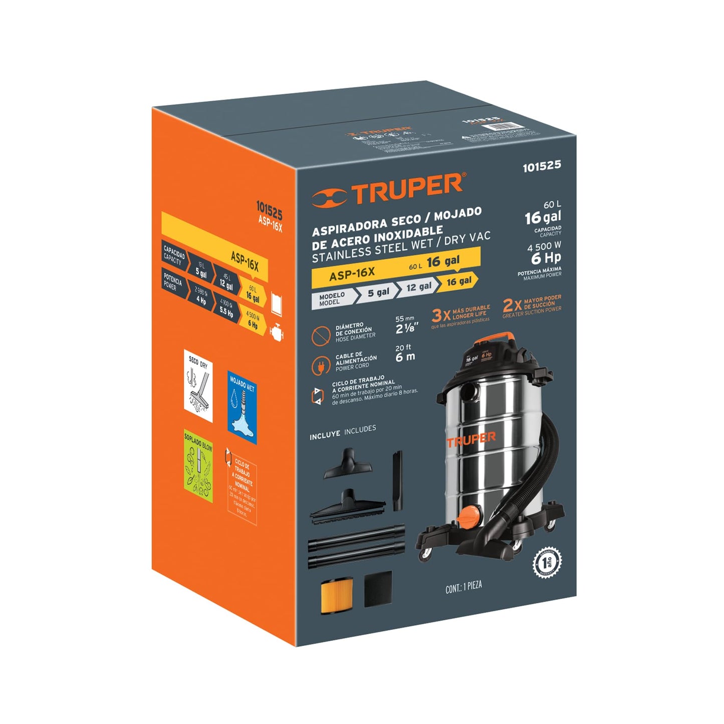 Aspiradora Truper Acero INOX 16 Gal Sólidos y Líquidos