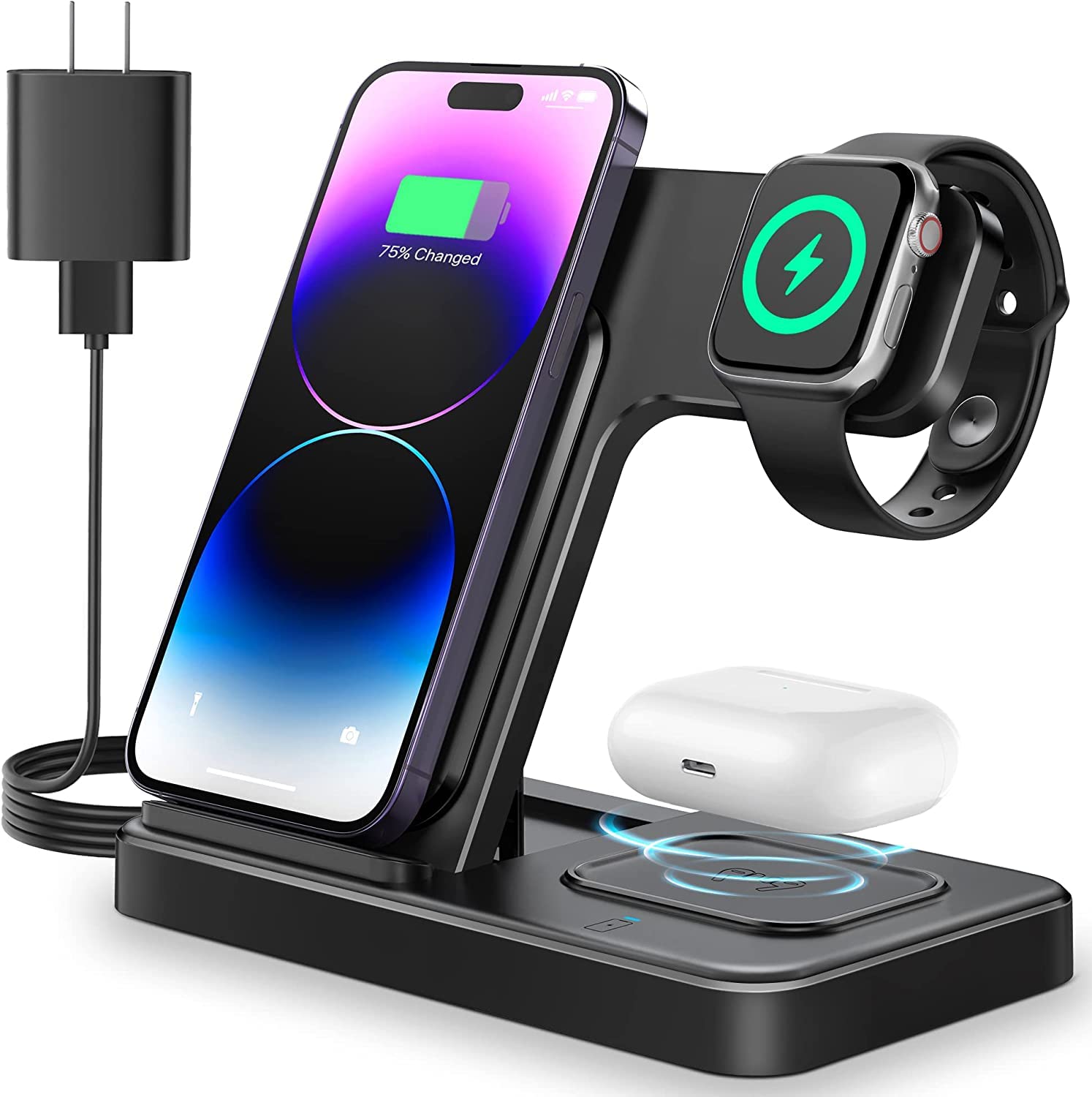 Cargador Inalámbrico 3 en 1 con Cabezal QC3.0 de 18W para iPhone, Samsung, Apple Watch, AirPods