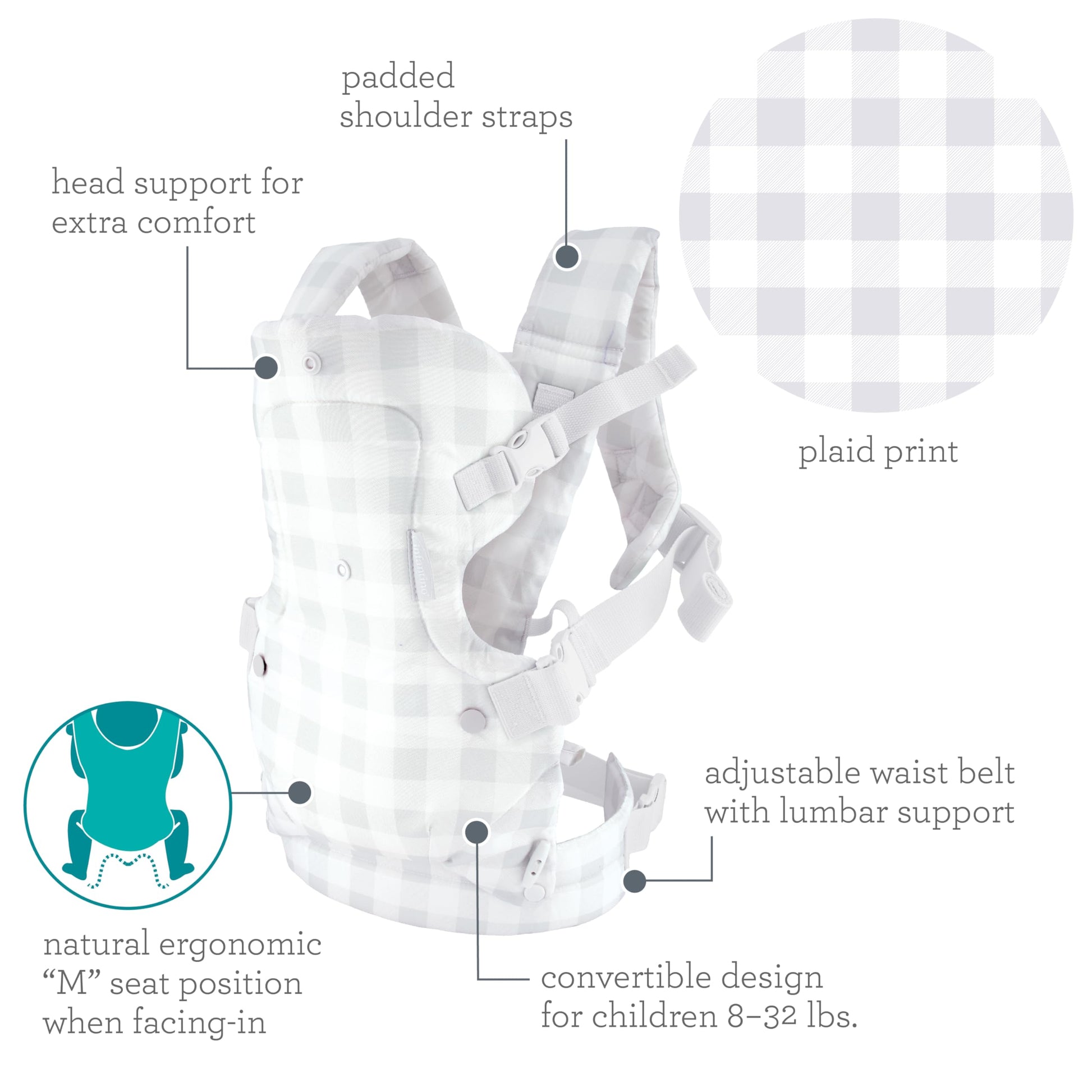 Infantino Flip Advanced Portabebés 4 en 1 – Ergonómico, Convertible, frontal y frontal hacia afuera Portabebés delantero y trasero para recién nacidos a niños pequeños 8-35 libras, a cuadros