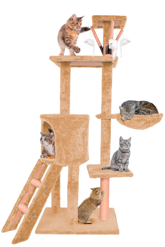 Bluelander Torre para Gatos de 1.3 M de Altura, Arbol para Gatos de Múltiples Niveles, Rascador para Gatos, Escaleras, Repisas, Cueva y Hamaca, Superficies Sólidas y Afelpadas, Cuerda de Yute (Café)