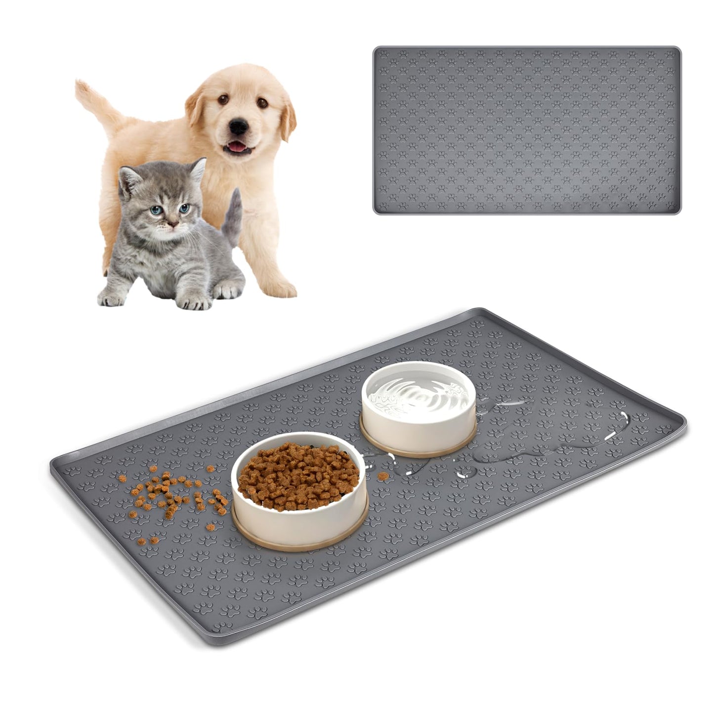 Tapete de Silicona Antideslizante para Comida de Gatos y Perros 47 x 30 cm Gris Impermeable y Fácil de Limpiar