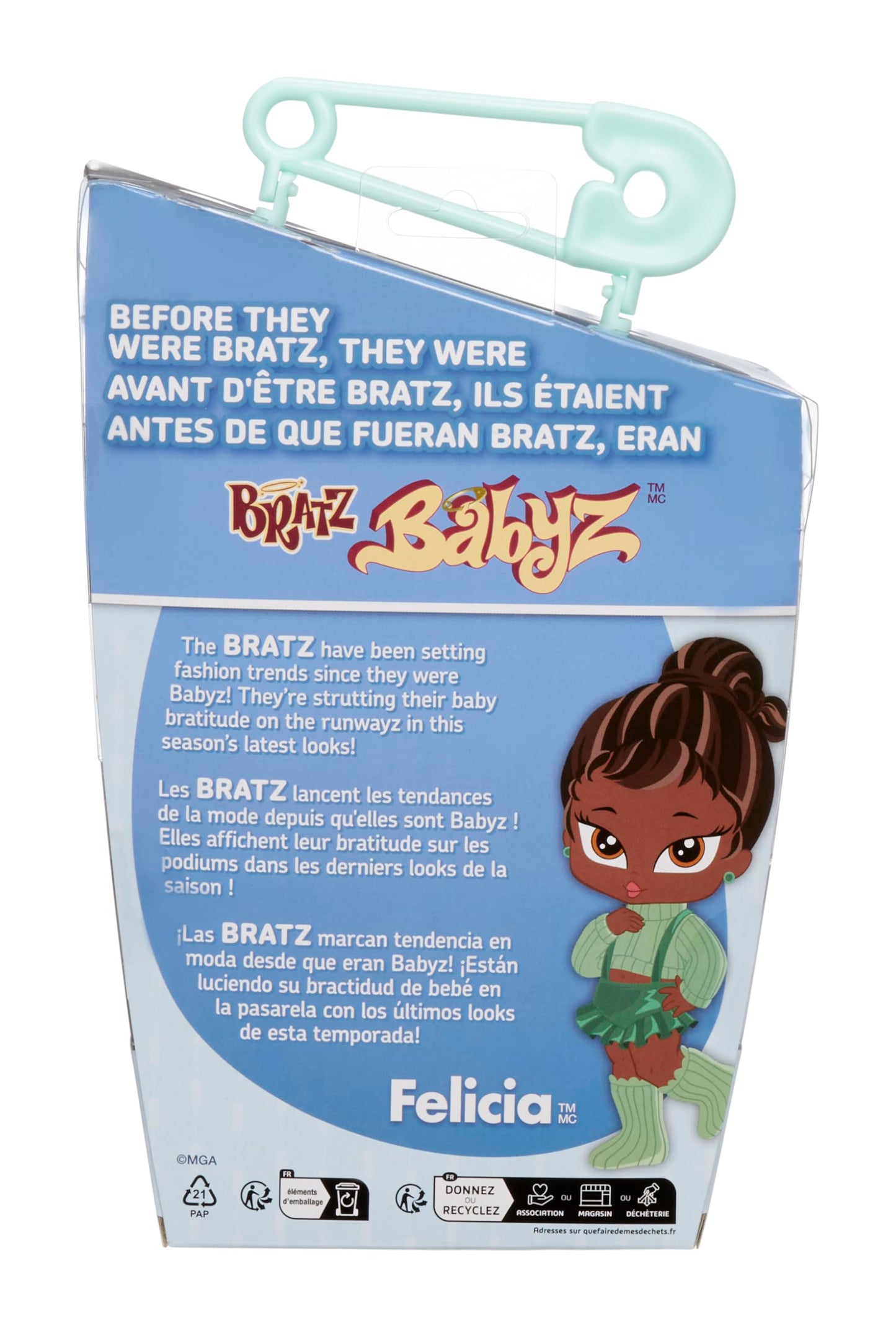 Bratz Muñeca Babyz Runwayz - Felicia - Coleccionable con Accesorios - Incluye un Collar Que Funciona como Llavero - Regalo Ideal para Niñas