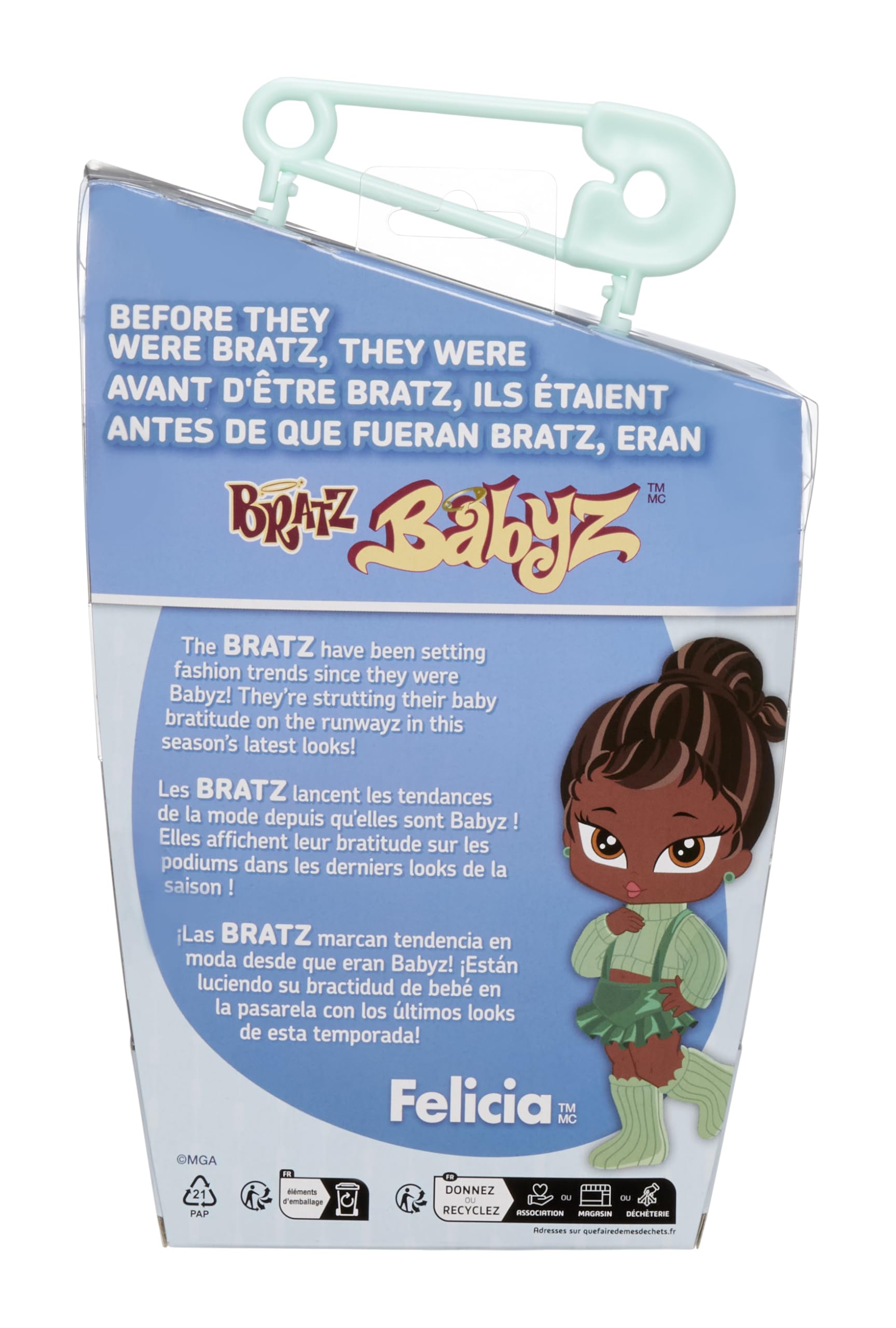 Bratz Muñeca Babyz Runwayz - Felicia - Coleccionable con Accesorios - Incluye un Collar Que Funciona como Llavero - Regalo Ideal para Niñas
