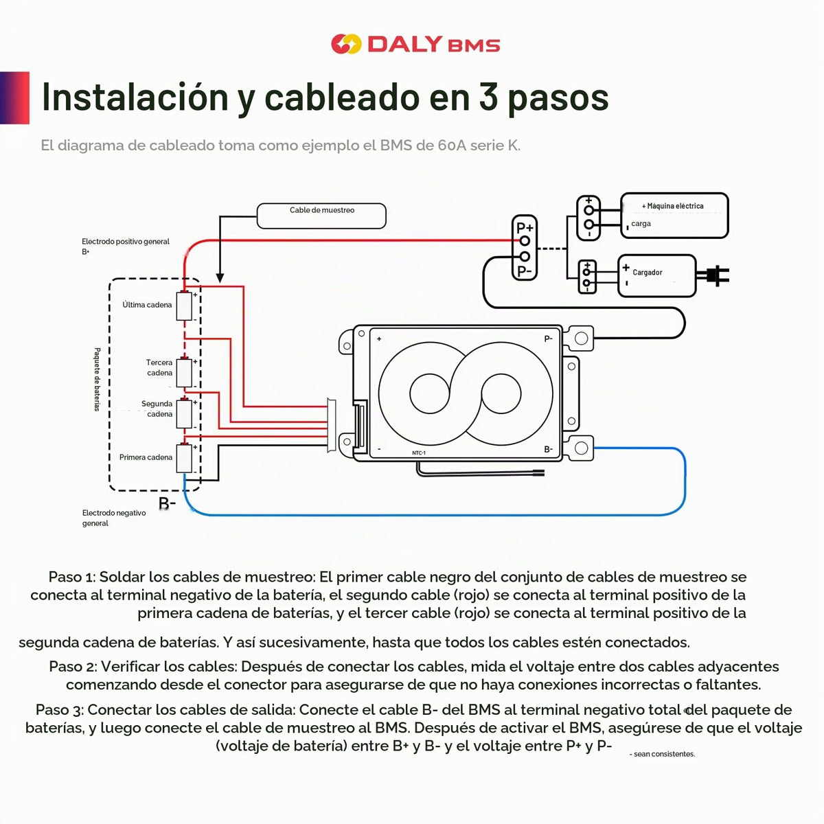 Placa de Protección BMS DALY 3S-24S Litio LifePO4 4S 12V 100A con Cable de Equilibrio y Sensor de Temperatura