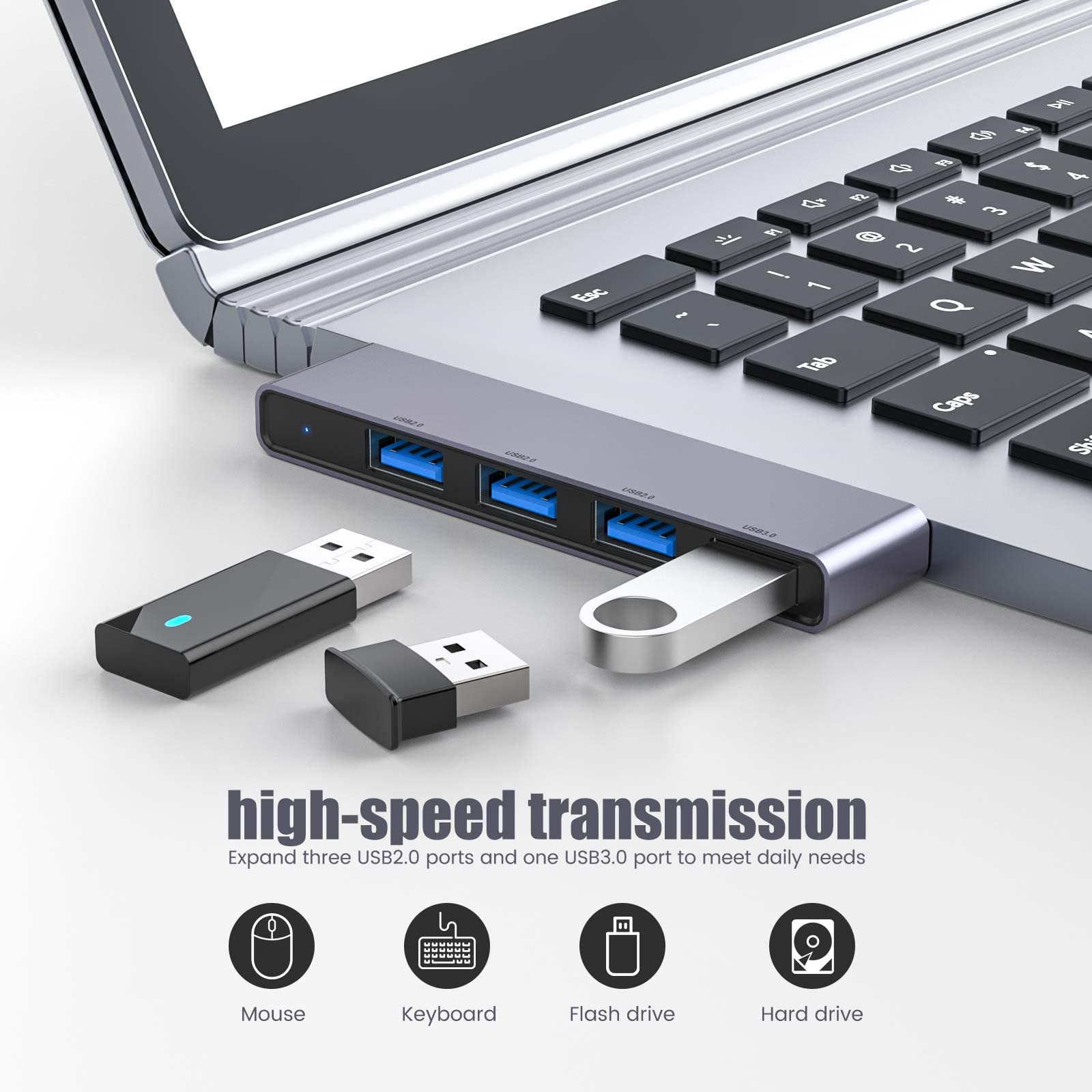 Fidioto Concentrador USB de 4 puertos (1 concentrador 3.0, 3 concentradores 2.0) USB Splitter USB Expander para computadora portátil, PC con Windows, Mac, impresora, unidad flash, disco duro móvil, PC portátil