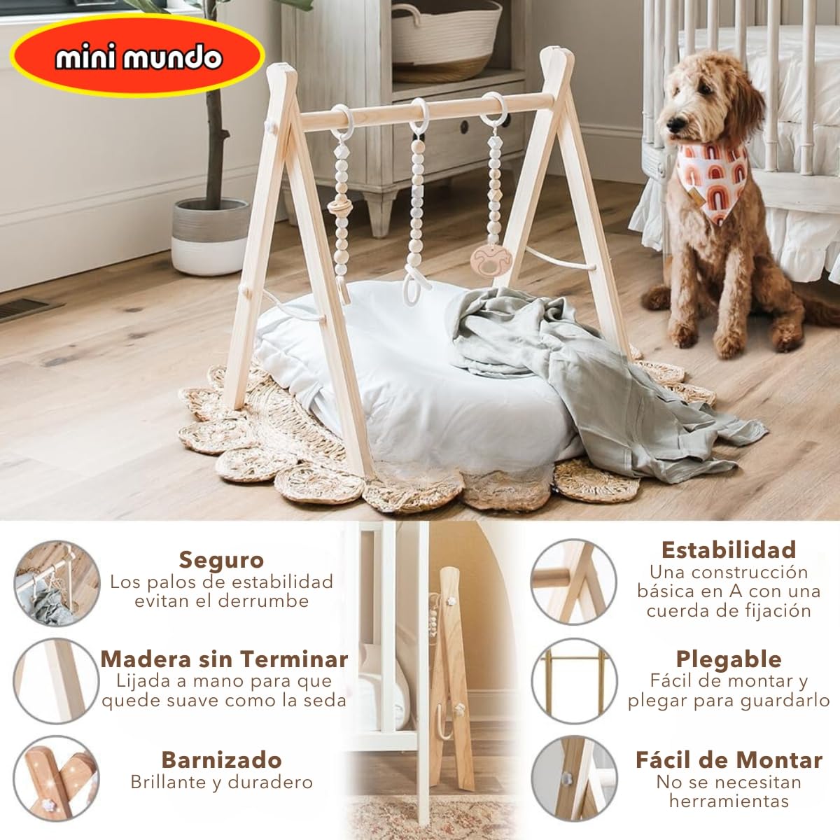 Gimnasio de Madera Natural Mini Mundo Plegable con 6 Juguetes para Bebés