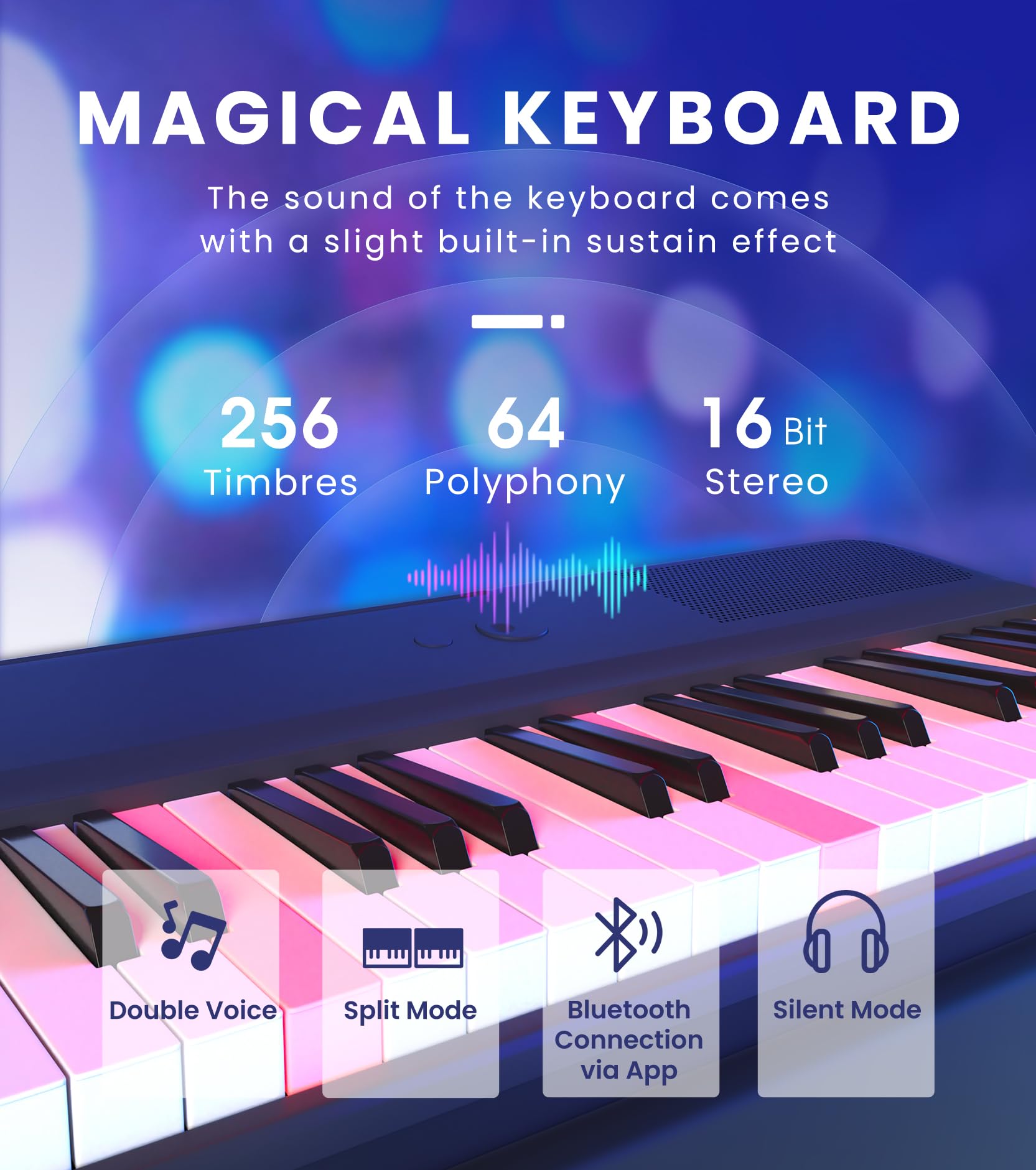 Teclado de Piano Inteligente The ONE COLOR Azul con 256 Timbres y Luces LED Integradas