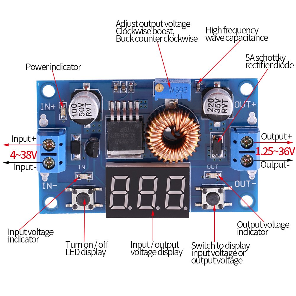 Módulo de Potencia Yosoo DC-DC Converter Ajustable 5A Regulador de Voltaje Reductor para LED Alta Potencia