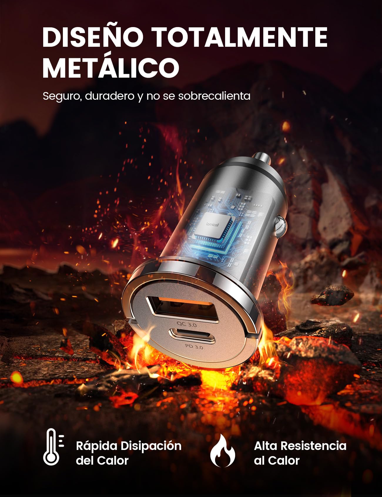 Lamicall 45W Cargador para Auto - Super Mini Todo Metal [45W USB C + 45W USB A] PD & QC 3.0, 24 V/12 V Cargador para Carro Carga Rapida para iPhone 16/15/14 (MX)