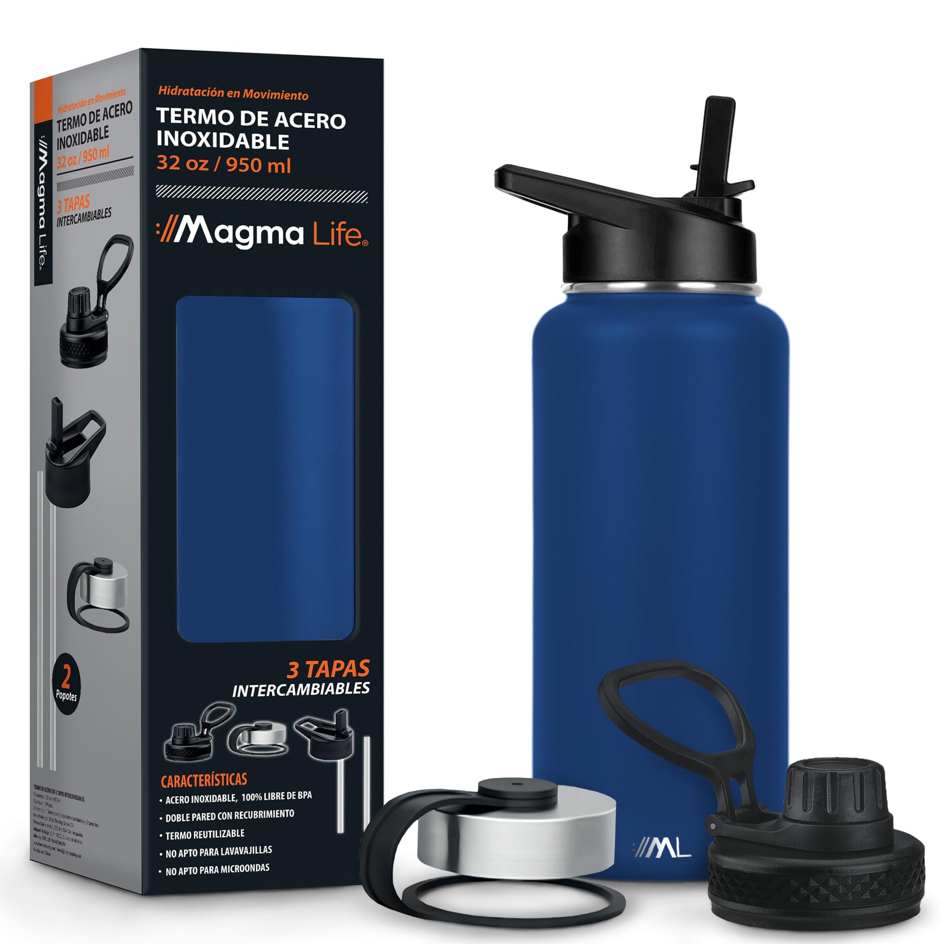 Magma Life Termo para Café y Agua de Acero Inoxidable 32 Oz (950 ml): Contiene 3 Tapas para Diferentes tipos de Bebidas, Ideal para Mantener la Temperatura Deseada (Navy)