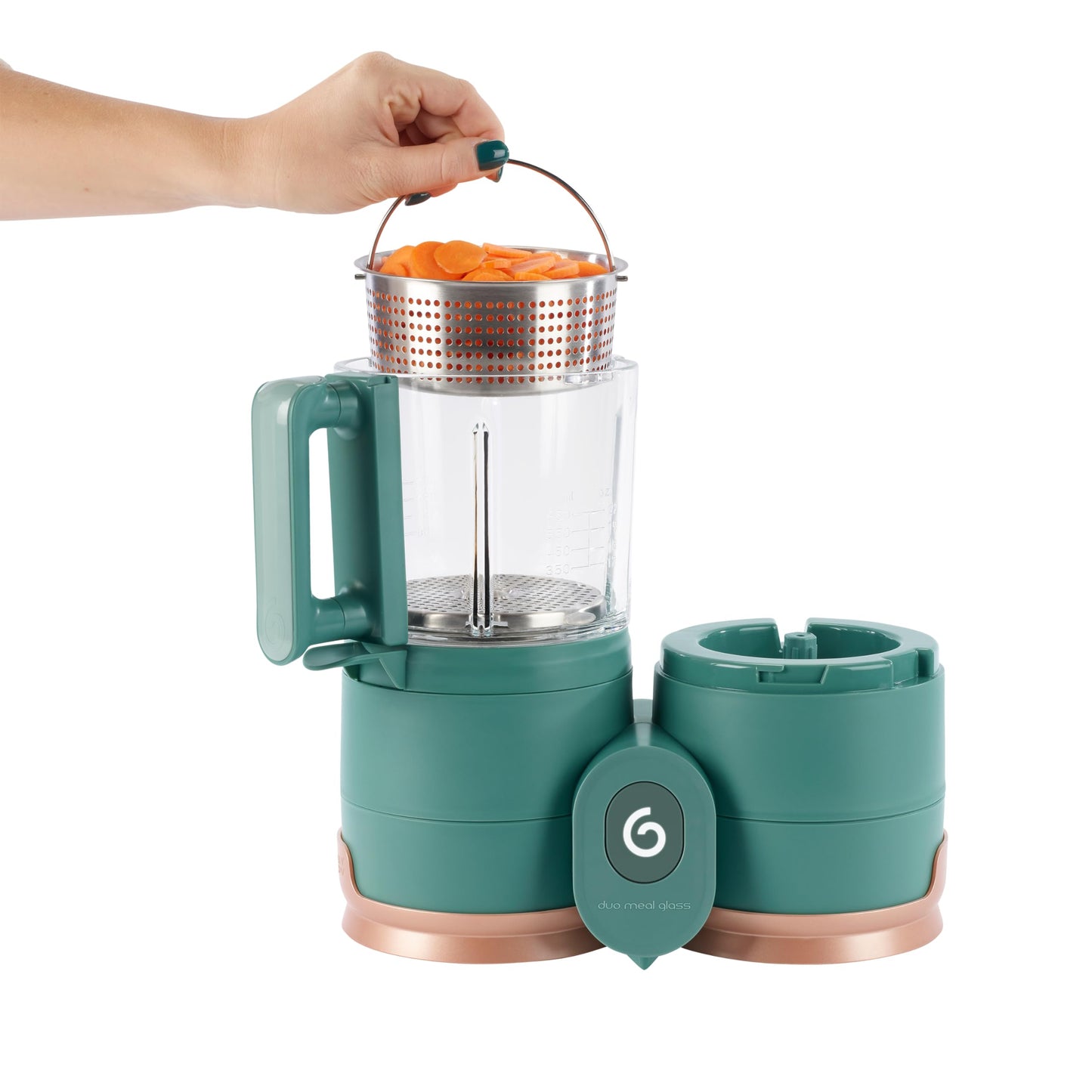 Babymoov Duo Meal de Vidrio 4 en 1: Procesador de Alimentos para Bebés con Vaporizador de Vidrio Incorporado, Cesta de Acero Inoxidable y Licuadora de Vidrio (Capacidad de Más de 6 Tazas), Verde