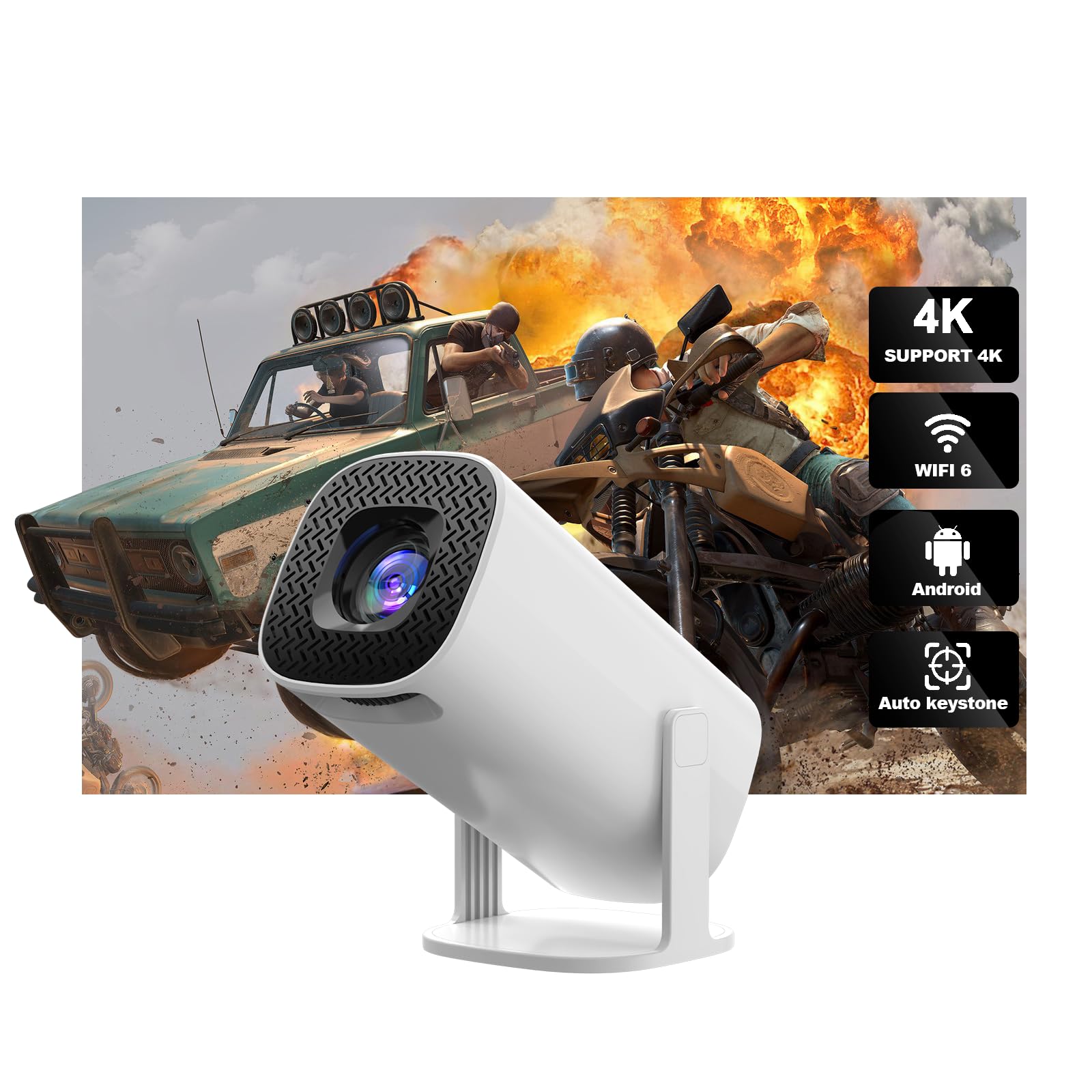 Mini Proyector Yolispa Blanco con WiFi6 y Bluetooth Pantalla Giratoria 180° Compatible 4K