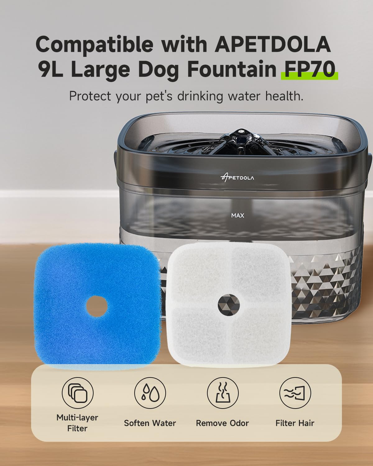 Filtro de Fuente de Agua para Perro APD APETDOLA 9 L 5 Capas, Repuesto de 8 Filtros y Esponjas Prefiltrantes