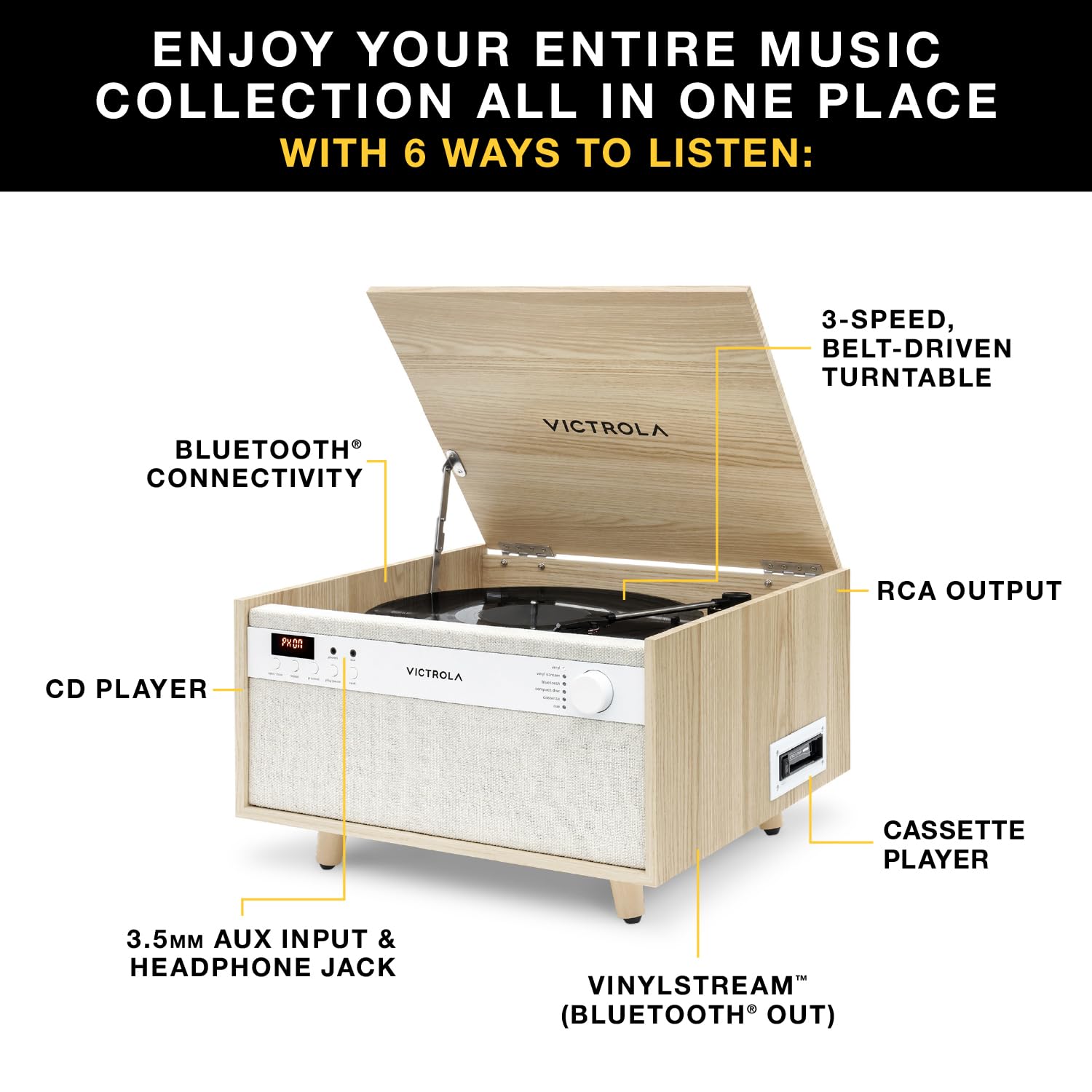 Tocadiscos Victrola Century Natural con Bluetooth y Auxiliar 3 Velocidades Diseño de Medio Siglo