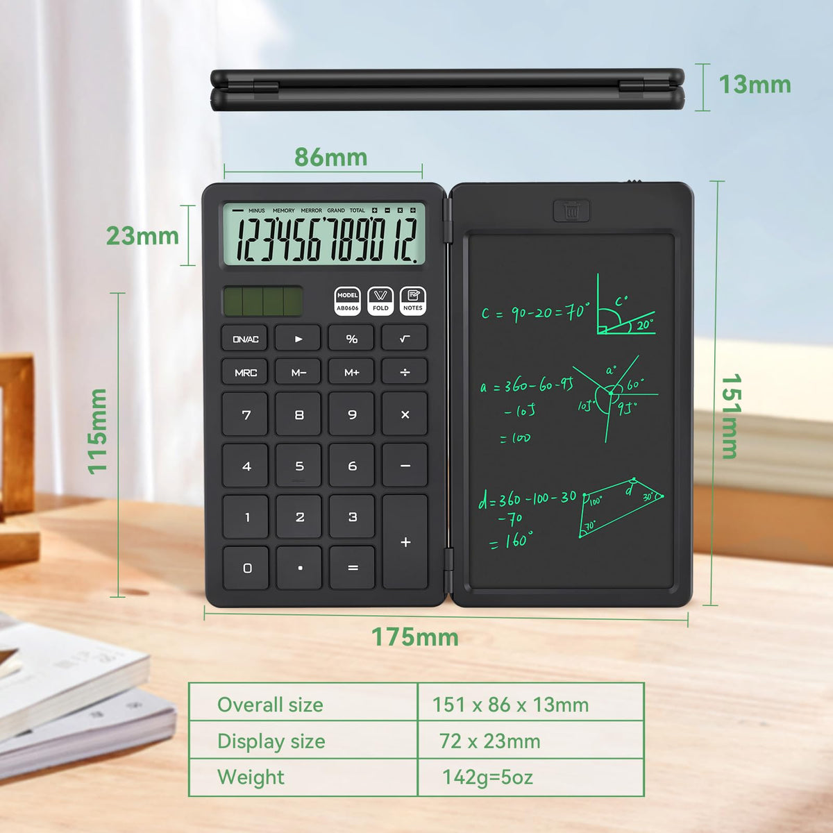 Calculadora ROATEE Negra con Tableta de Notas Plegable y Visualización LCD para el Hogar