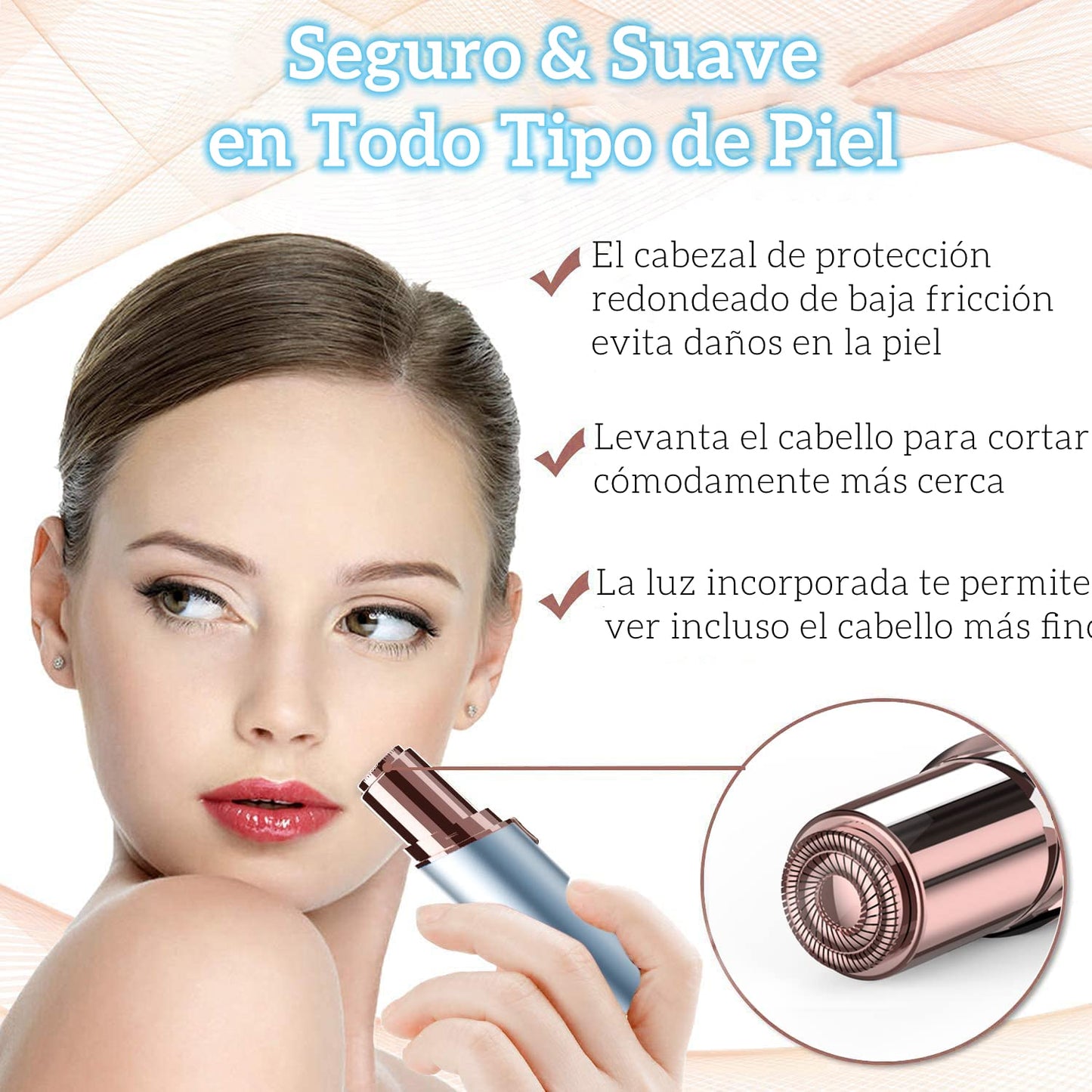 Depiladora Facial Mujer Recargable, Depilador Electrico USB, Depilación y Afeitadora para Mujer Sin Dolor para Labios/Bikini/Barbilla/Brazos/Axilas, 2 Cabezales de Repuesto Incluidos (Azul)