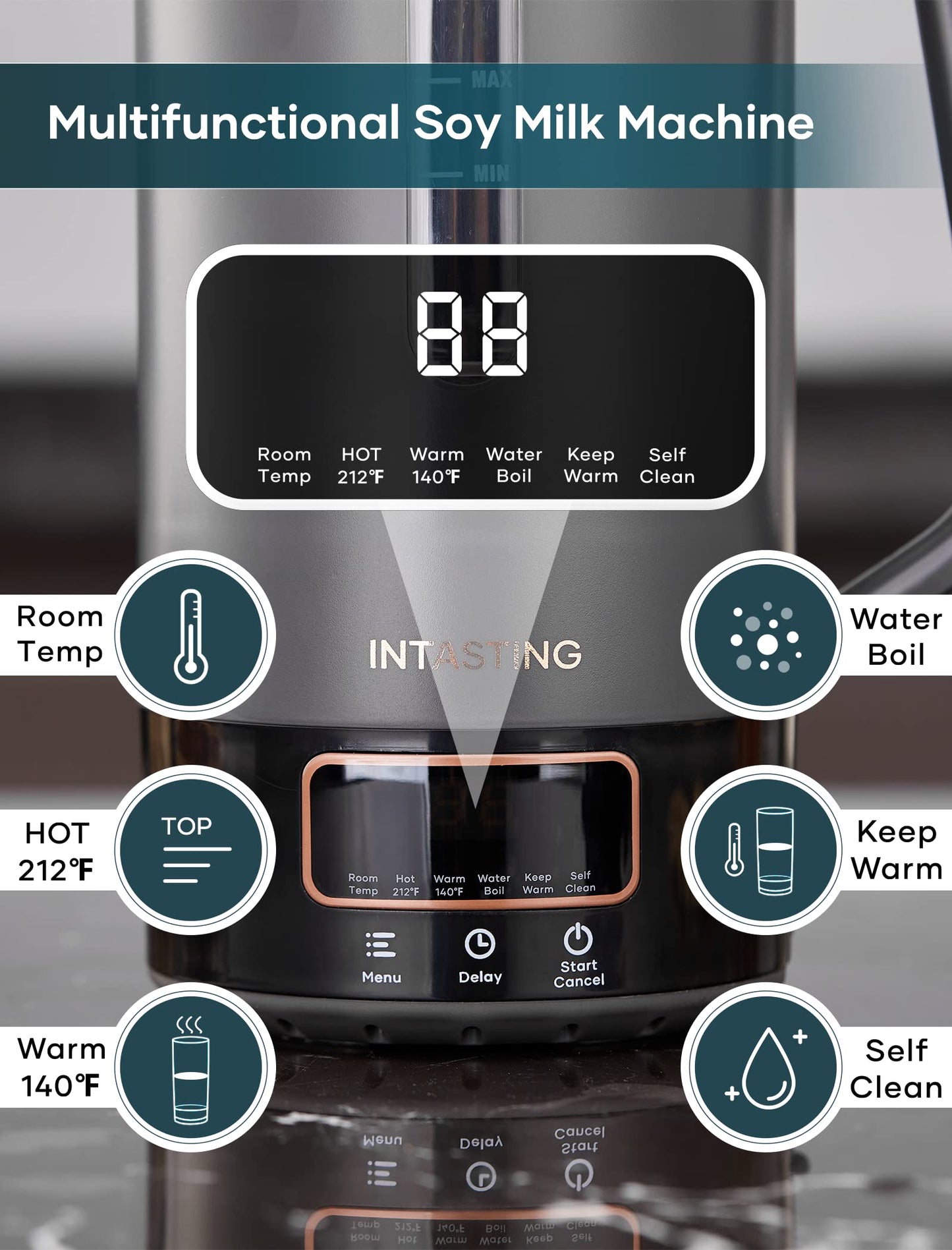 INTASTING - Máquina automática de leche de nueces, interior de vidrio, almendras caseras, avena, etc., máquina de leche de soja con 6 preestablecidos, mantiene caliente, retrasa, hervir agua, mezcla, autolimpiable, protección contra ebullición y seco, fác