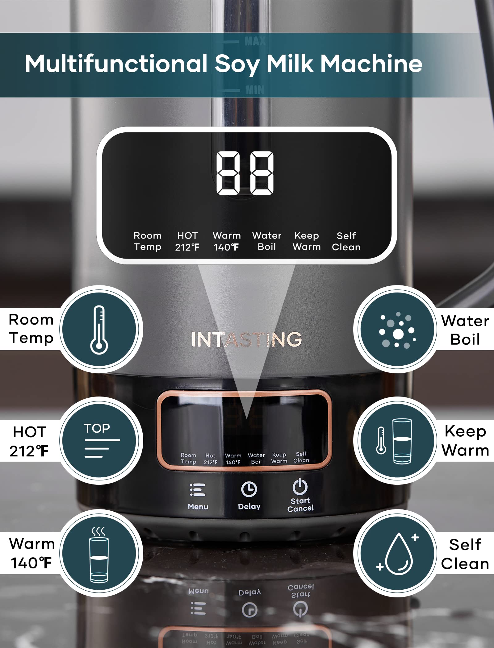 INTASTING - Máquina automática de leche de nueces, interior de vidrio, almendras caseras, avena, etc., máquina de leche de soja con 6 preestablecidos, mantiene caliente, retrasa, hervir agua, mezcla, autolimpiable, protección contra ebullición y seco, fác