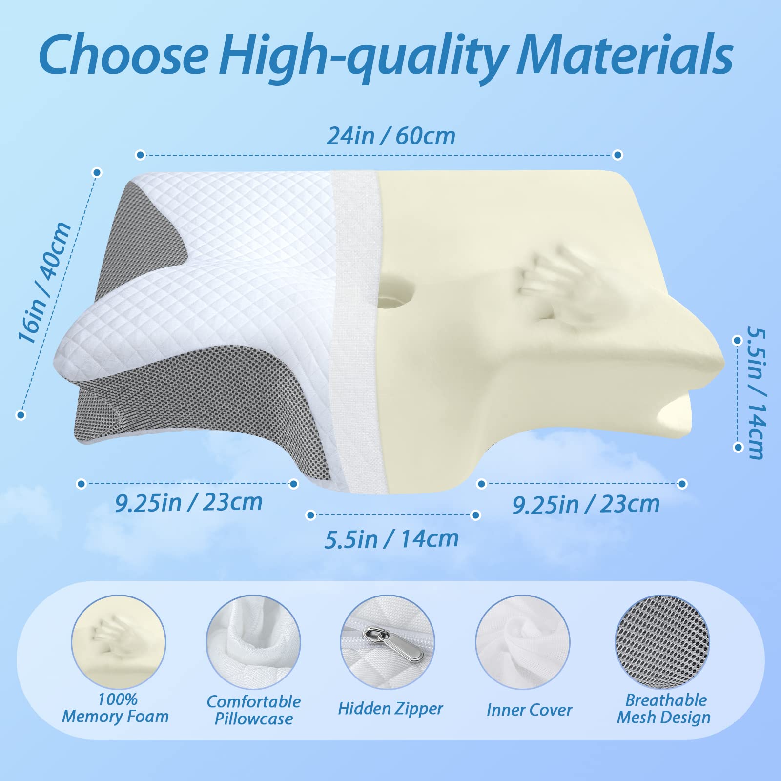 HOMCA Almohada Cervical de Espuma con Memoria, 2 en 1 Almohada Ortopédica de Contorno Ergonómico para el Dolor de Cuello, Almohadas de Soporte Contorneadas para Dormidores de Lado Espalda Estómago
