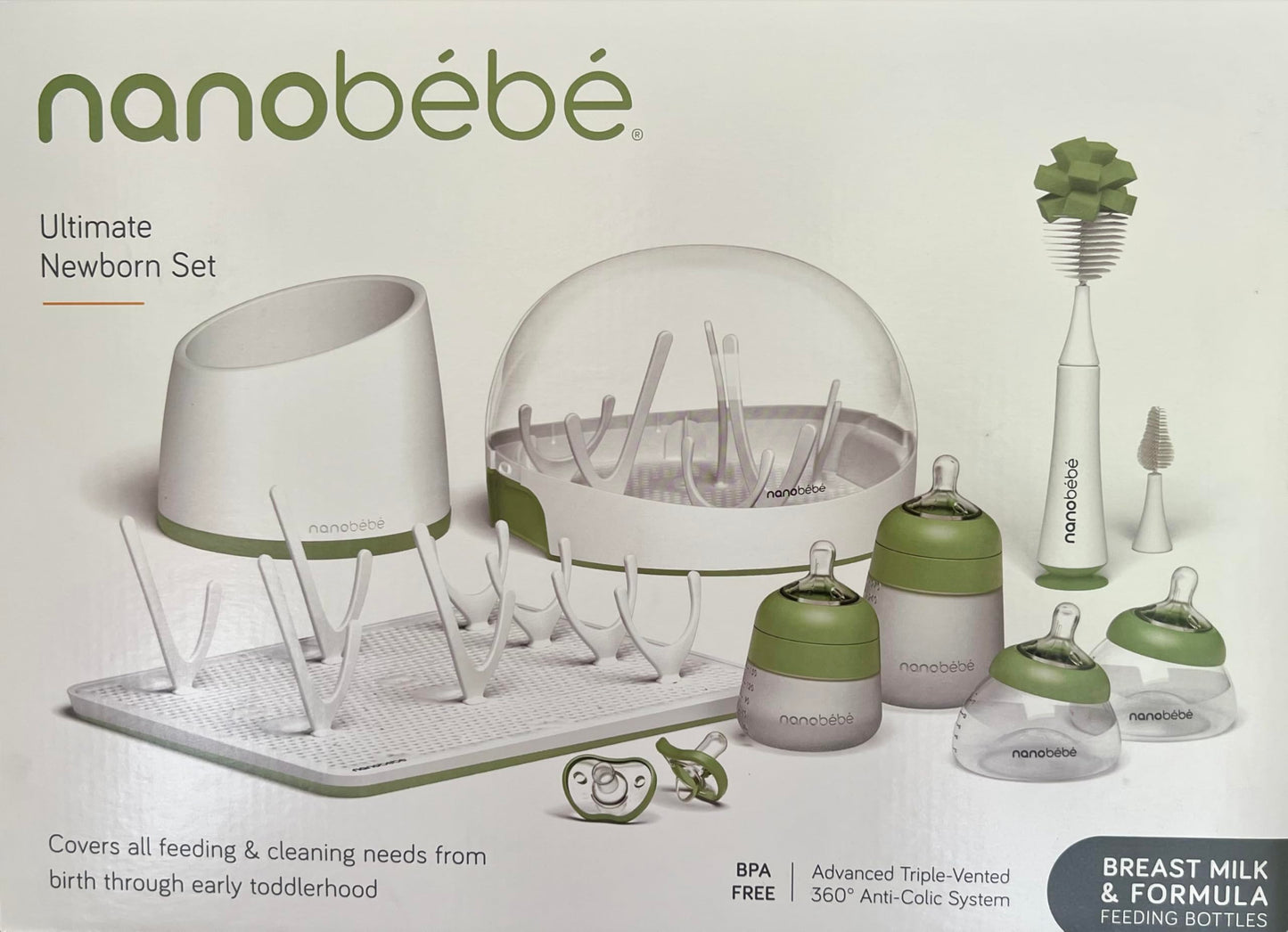 Nanobébé Set Definitivo de Alimentación para Recién Nacido, Verde Sage, 19 Piezas con Biberones Anticólicos, Esterilizador, Chupetes y Accesorios de Limpieza