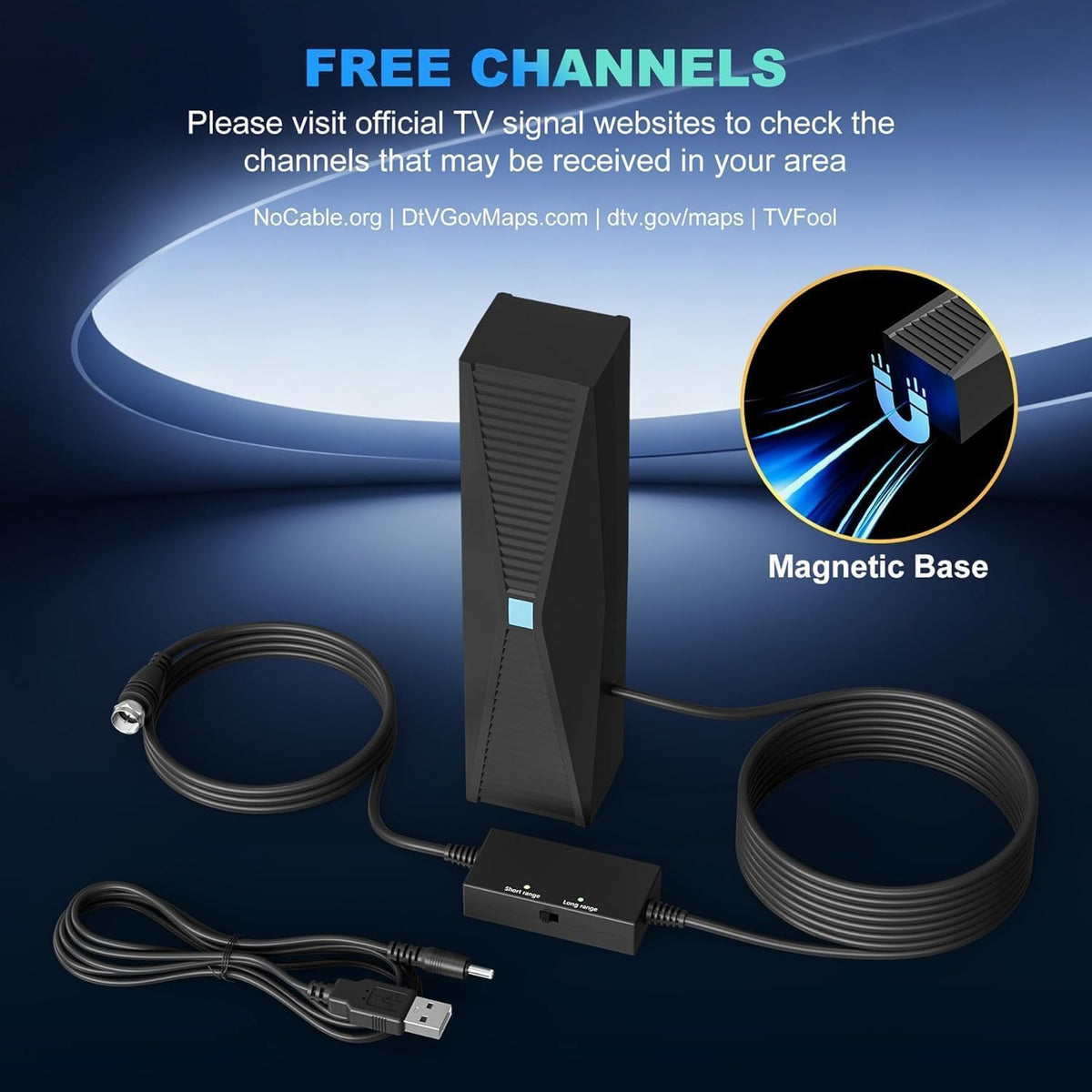 Antena de TV con Amplificador para Televisores Inteligentes y Antiguos Más de 2500 Millas de Alcance Digital 4K 1080P VHF UHF Recepción 360º para Interiores