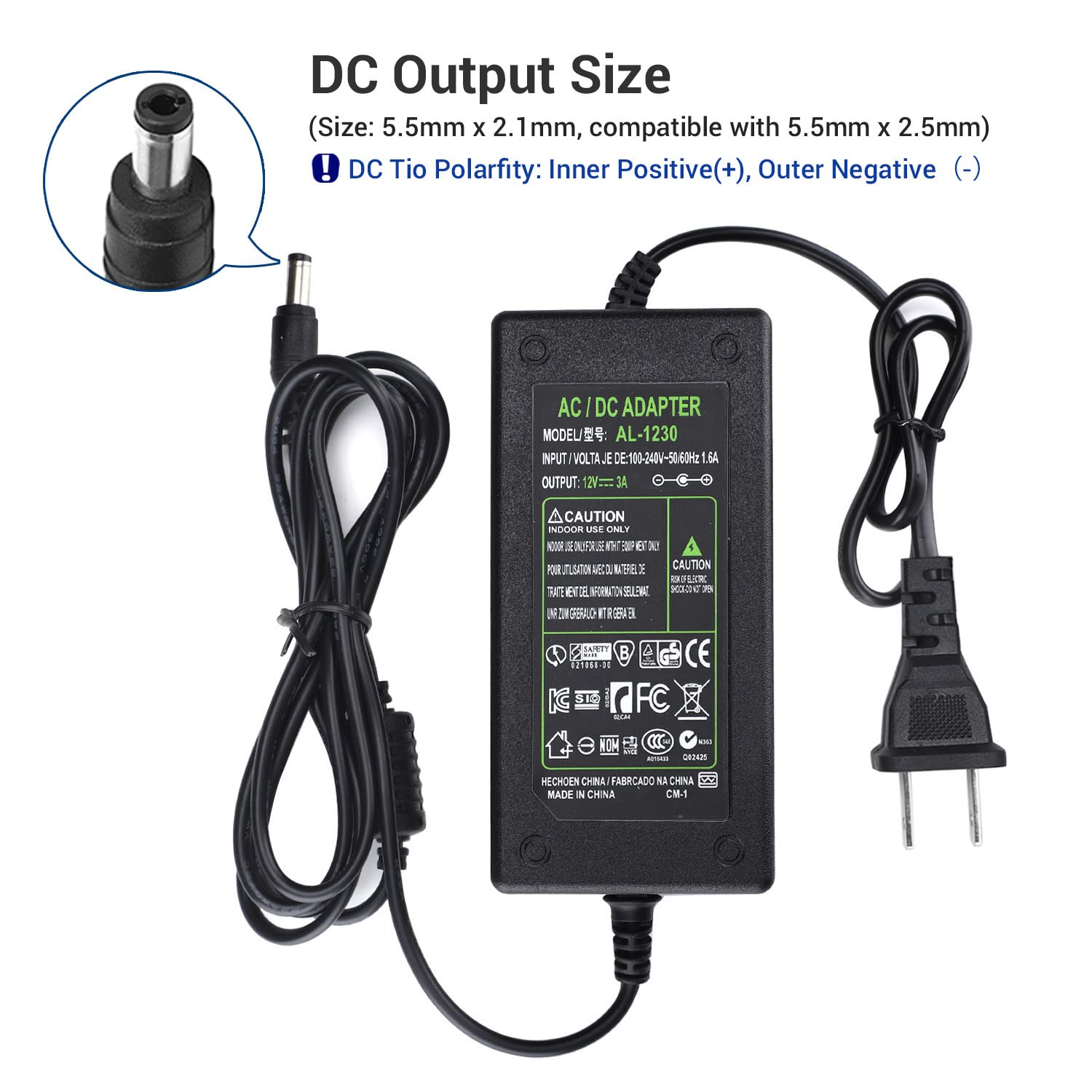 Adaptador de Corriente CC 12V 3A Enchufe EE. UU. Cable 4.6 Pies, Transformador CA a CC 12 Voltios