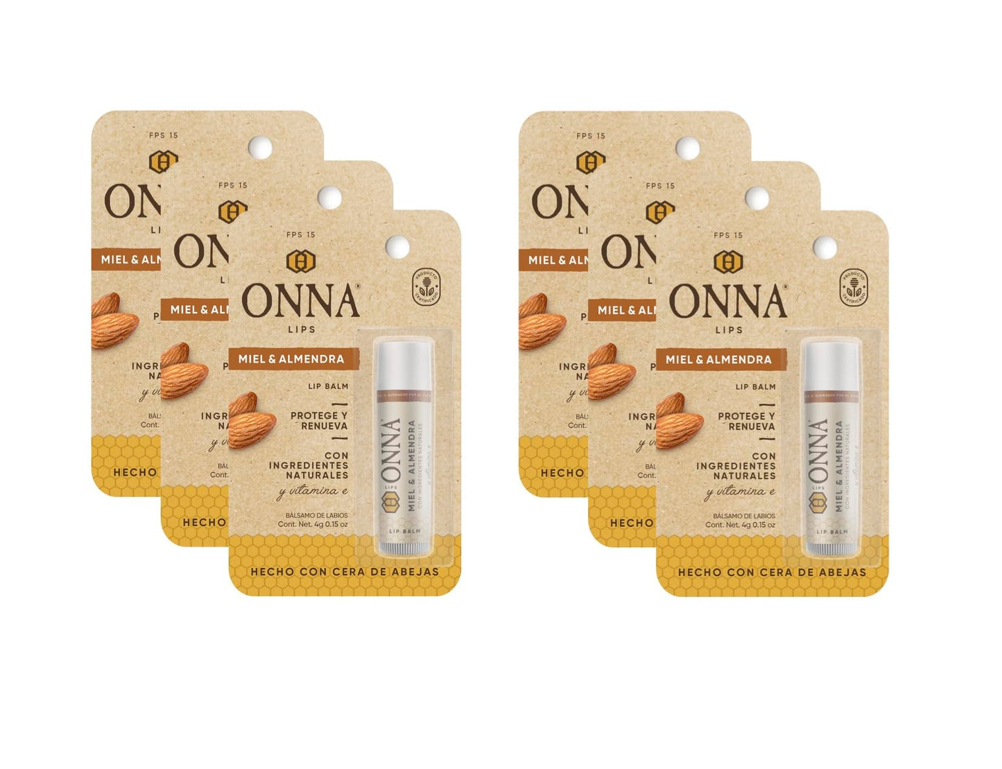 Bálsamo Para Labios Onna Miel Almendra FPS 15 Paquete de 6