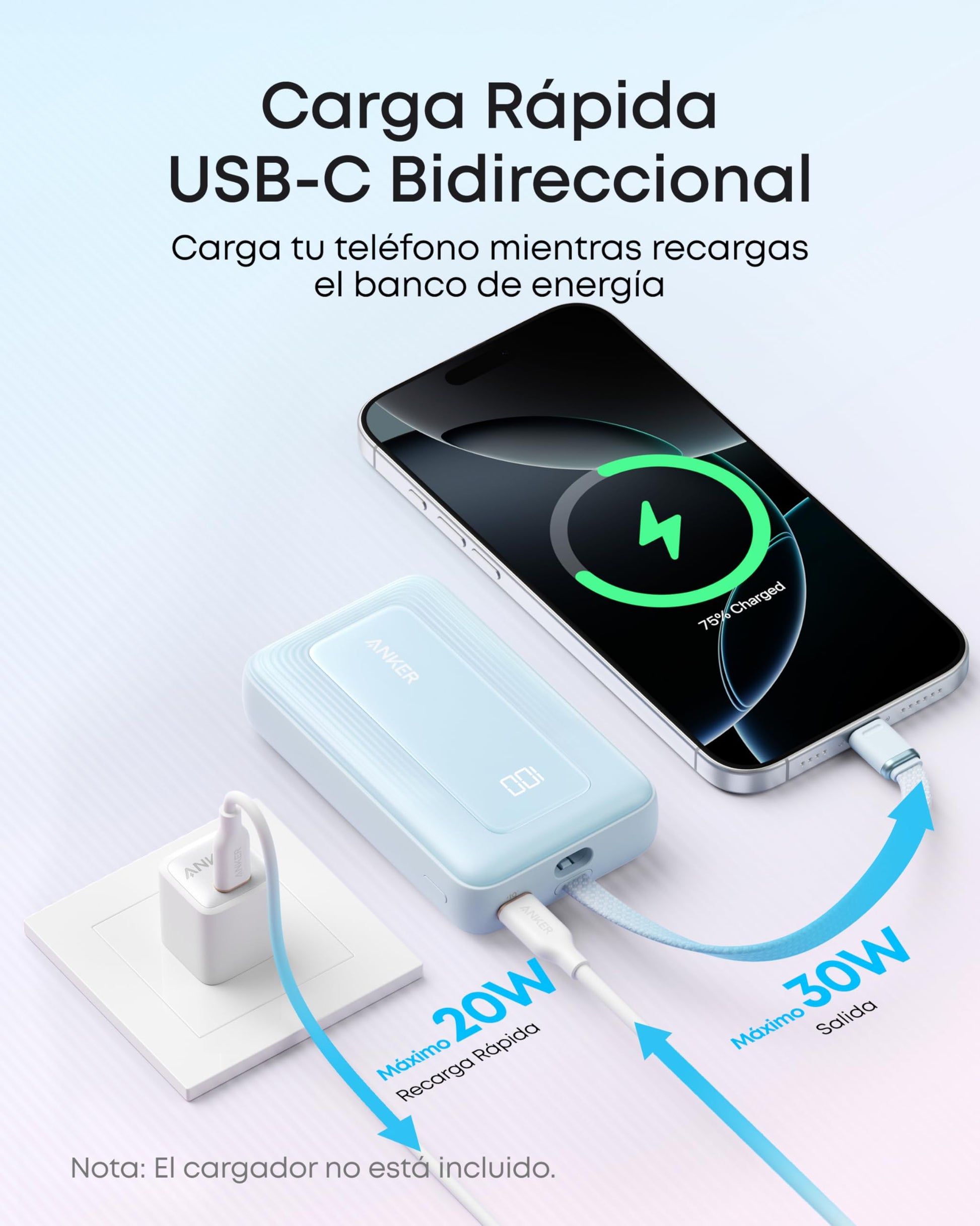 Power Bank Anker Zolo Negro 10000 mAh 30W con Cable USB C Integrado para iPhone, MacBook, Galaxy