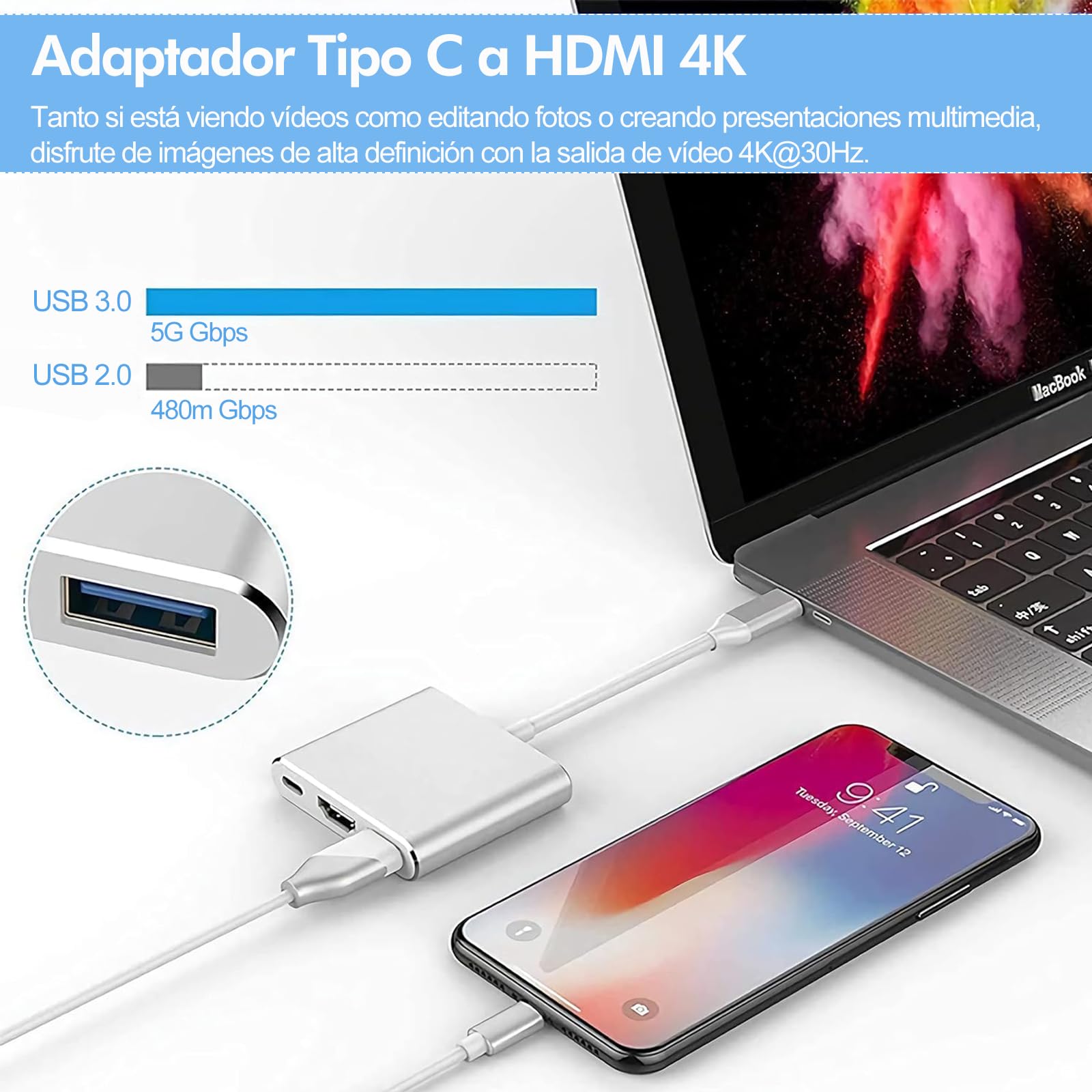 Adaptador USB C a HDMI JUWUBABS Plata 4K para Dispositivos USB-C