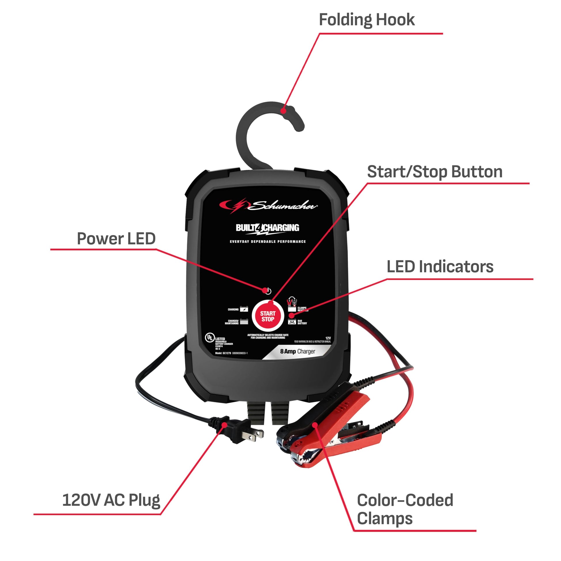 Schumacher SC1279 - Cargador y mantenedor rápido eléctrico 3 en 1, completamente automático, 8 amperios, 12 voltios y 6 voltios con desulfatación para motocicletas, deportes de potencia, marina, coche