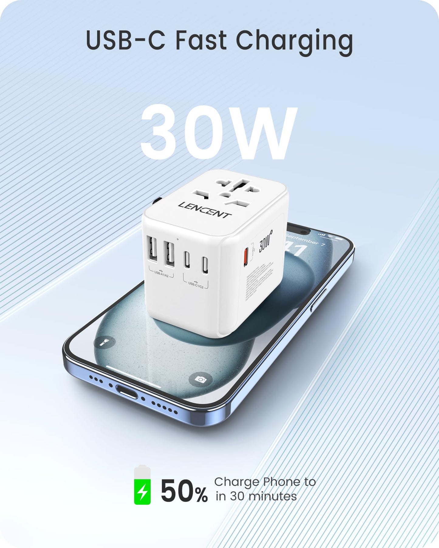 LENCENT Adaptador Universal de Viaje, Cargador Universal con 2 Puertos USB y 3 USB-C Carga Rápida PD 30W, Adaptador Internacional Enchufe Tipo A/C/G/I para USA, Reino Unido, Europa, Australia, Blanco