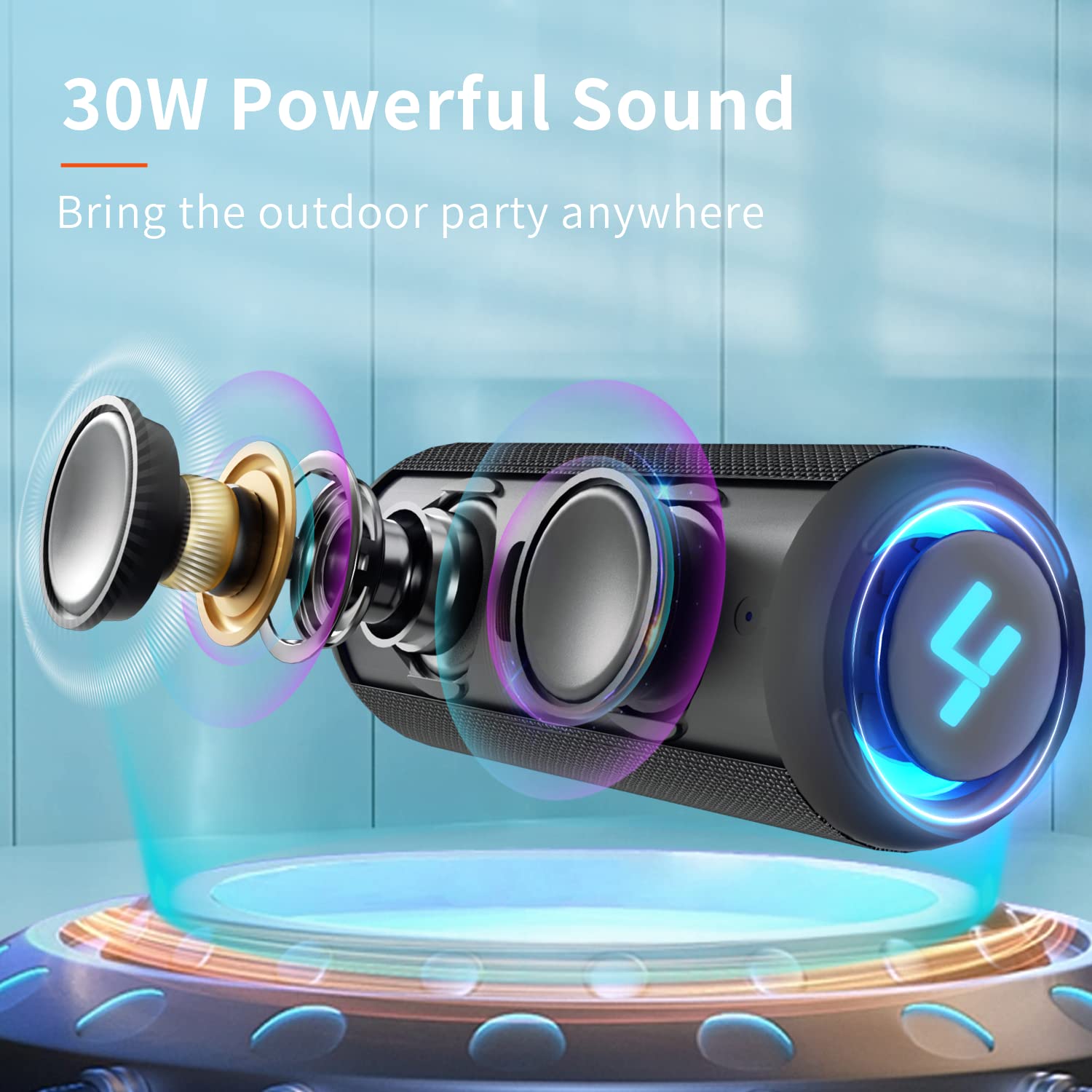 HEYSONG Bocina Bluetooth 5.3 30W para Fiestas Luz RGB, Altavoz Portátil Impermeable IPX6, AUX, Micro SD,TF Tarjeta, USB, stéreo de Doble emparejamiento bocinas para Viaje, Fiesta, Hogar