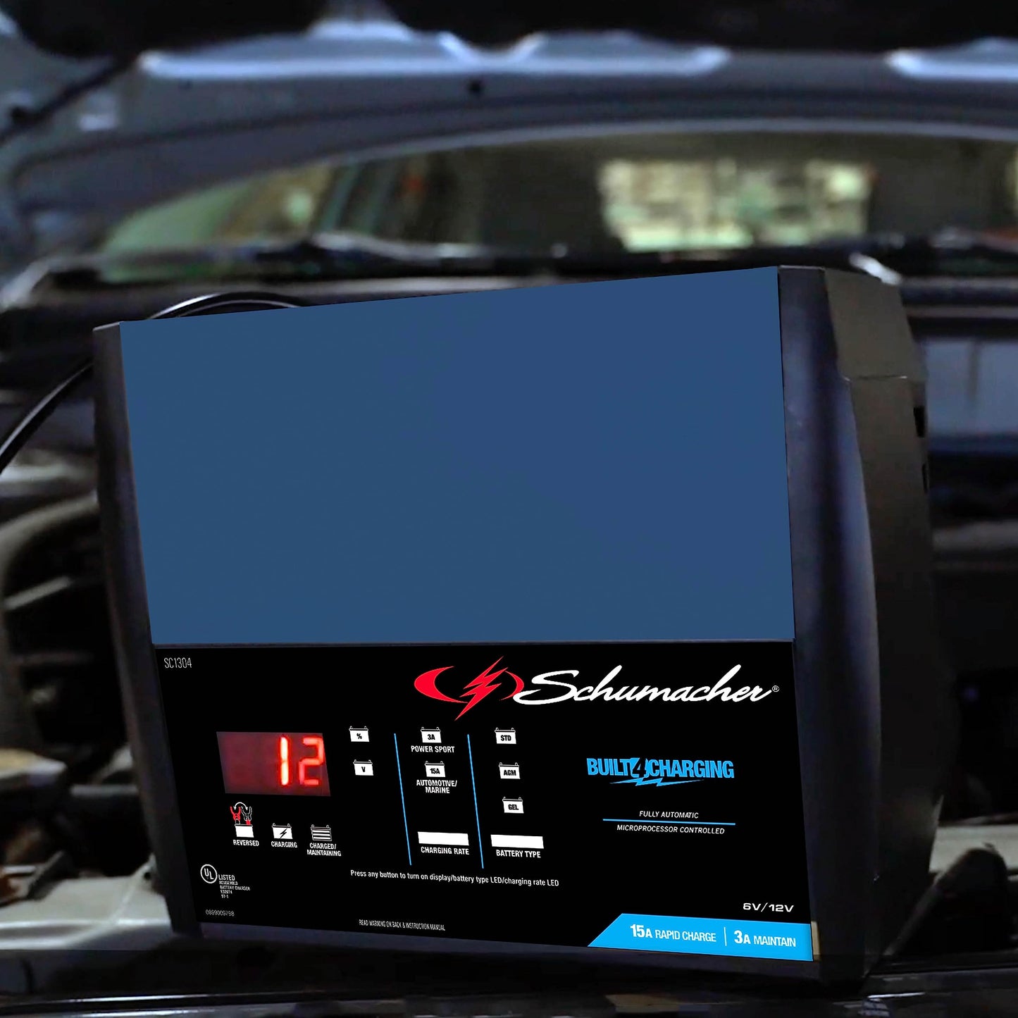 Schumacher SC1304 - Cargador y mantenedor rápido eléctrico 2 en 1 - Totalmente automático, 15 amperios, 12 voltios y 6 voltios, para motocicletas, deportes de potencia, marinos, automóviles y camiones