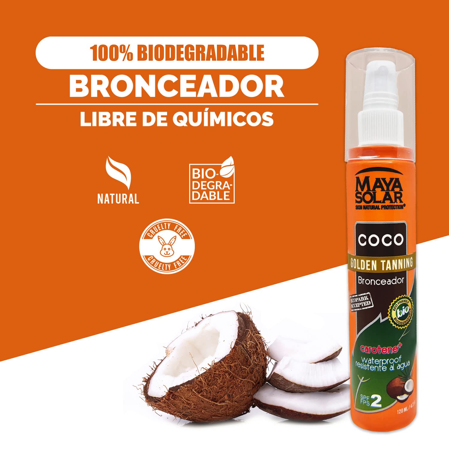 Maya Solar Aceite Bronceador de Coco FPS 2, Hidratante, 100% Ecológico