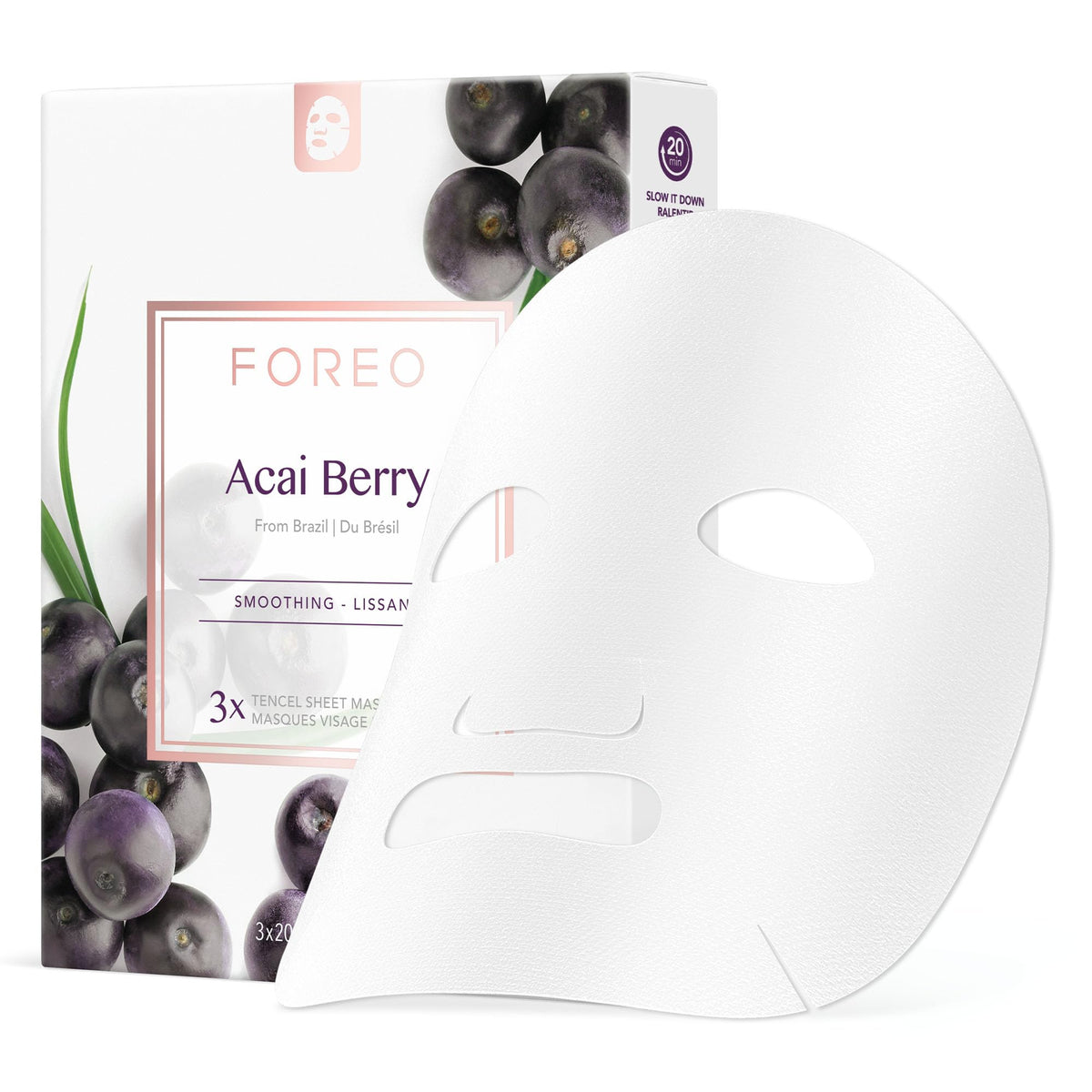 FOREO UFO Acai Berry, mascarilla facial activa para piel seca y envejecida, Pack con 3 unidades, antioxidante, bayas de açai y manteca de karité, cruelty free, compatible con todos los dispositivos UFO