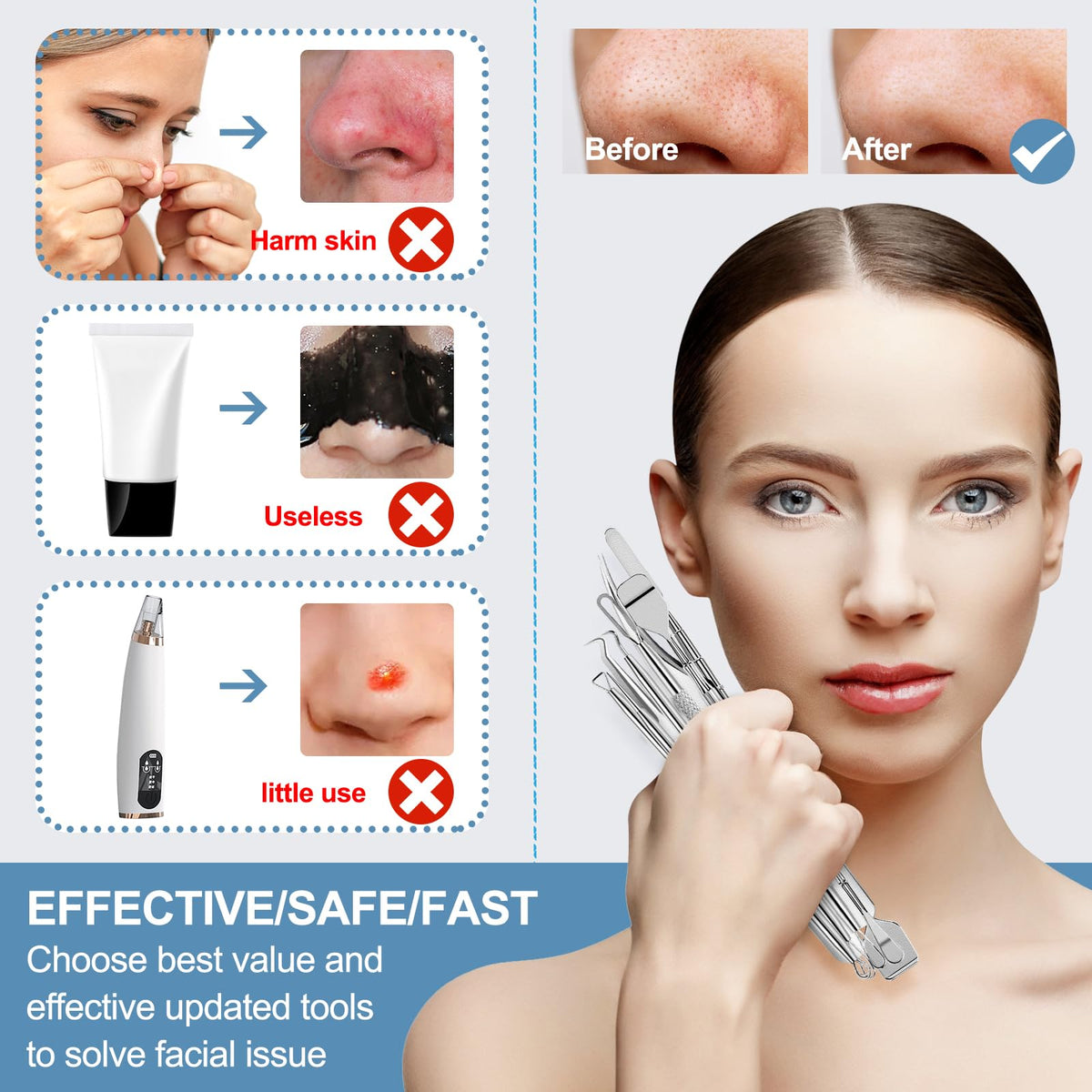 Aspiradora para eliminar puntos negros, limpiador facial de poros con 3 niveles de succión y 6 cabezales funcionales cambiables, extractor de acné recargable por USB para mujeres y hombres (Set-02)