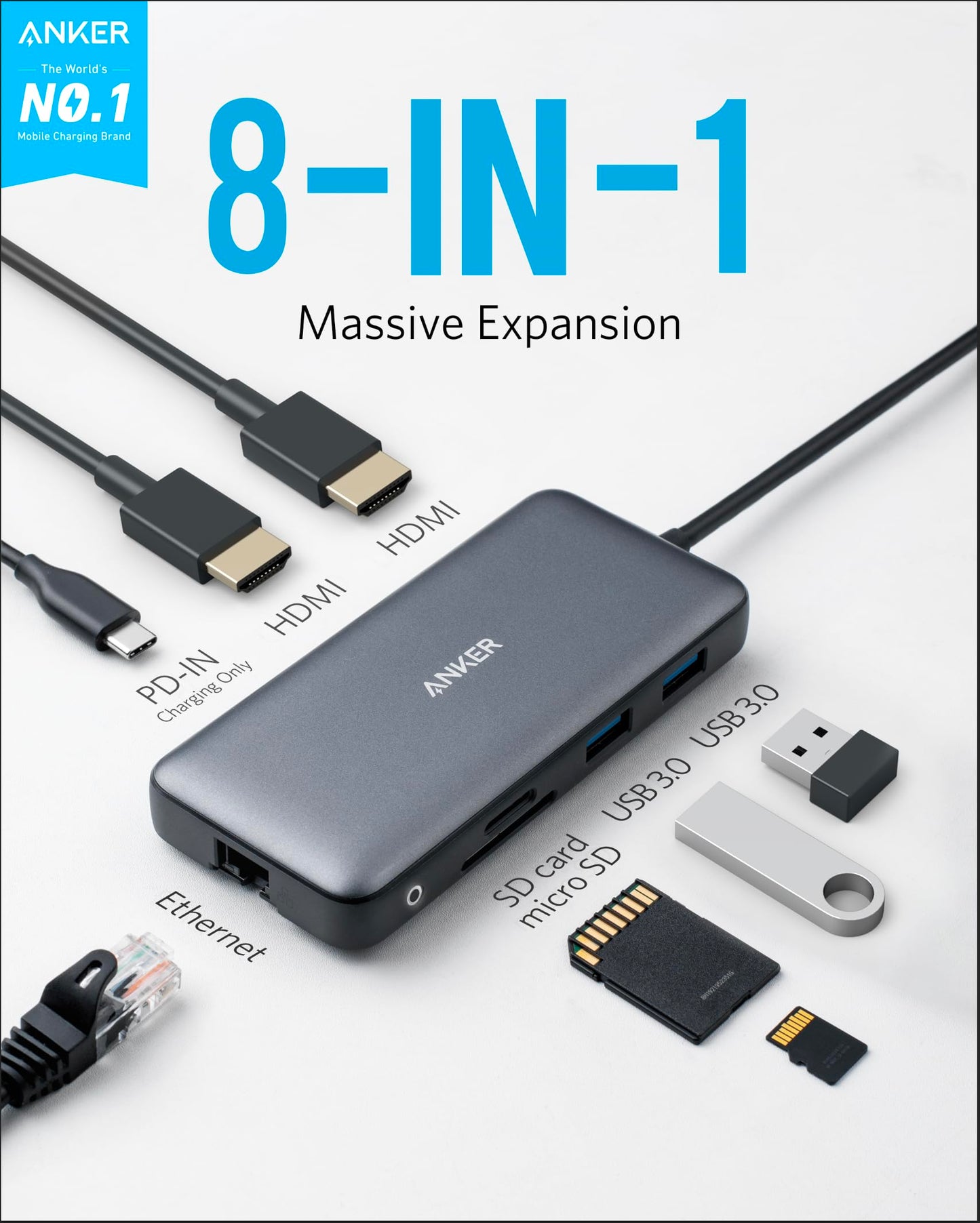Hub USB-C Anker 553 Gris Dual 4K HDMI con Suministro de Energía para MacBook Pro y XPS