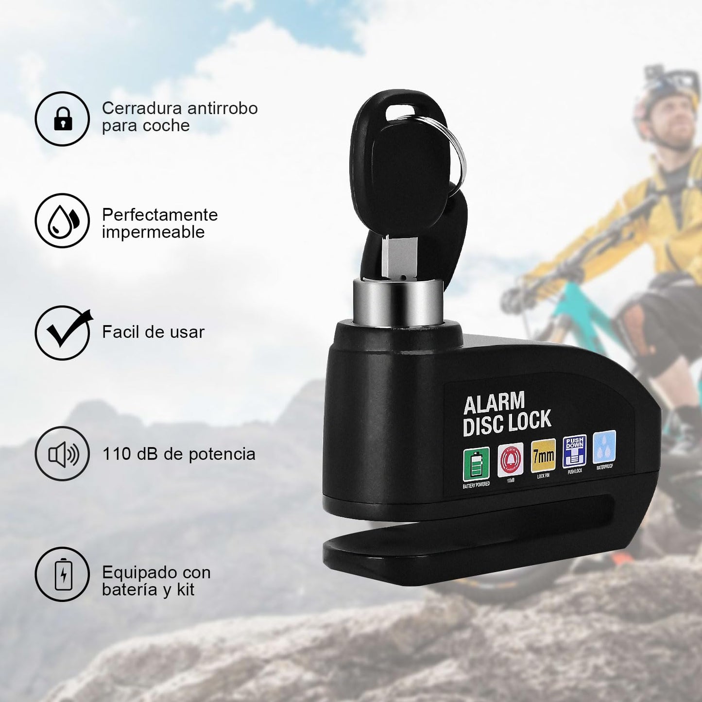 Kayoosi Candado de Alarma Para Moto, Alarma de Freno de Disco de 110 Db con Sensor de Movimiento y Cable de Alarma de 4,3 Pies, Impermeable y Antirrobo, Compatible con Vehículos con Llantas de Disco