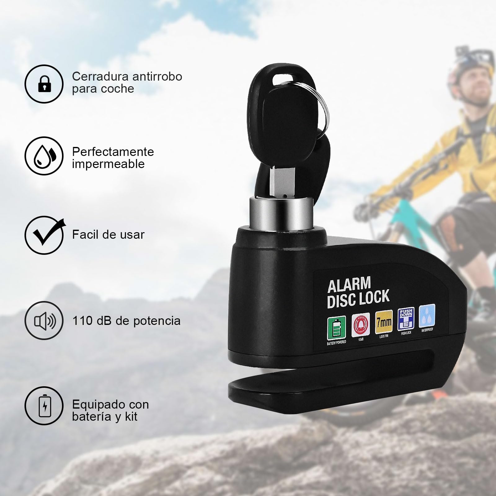 Kayoosi Candado de Alarma Para Moto, Alarma de Freno de Disco de 110 Db con Sensor de Movimiento y Cable de Alarma de 4,3 Pies, Impermeable y Antirrobo, Compatible con Vehículos con Llantas de Disco