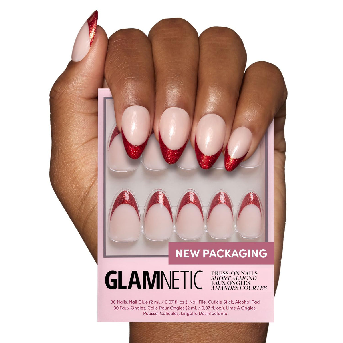 Glamnetic Uñas Postizas - Red Affair | Uñas Cortas Almendradas Rojas Con Purpurina Y Punta Francesa Con Acabado Brillante | 15 Tamaños - Kit De 30 Uñas Con Pegamento