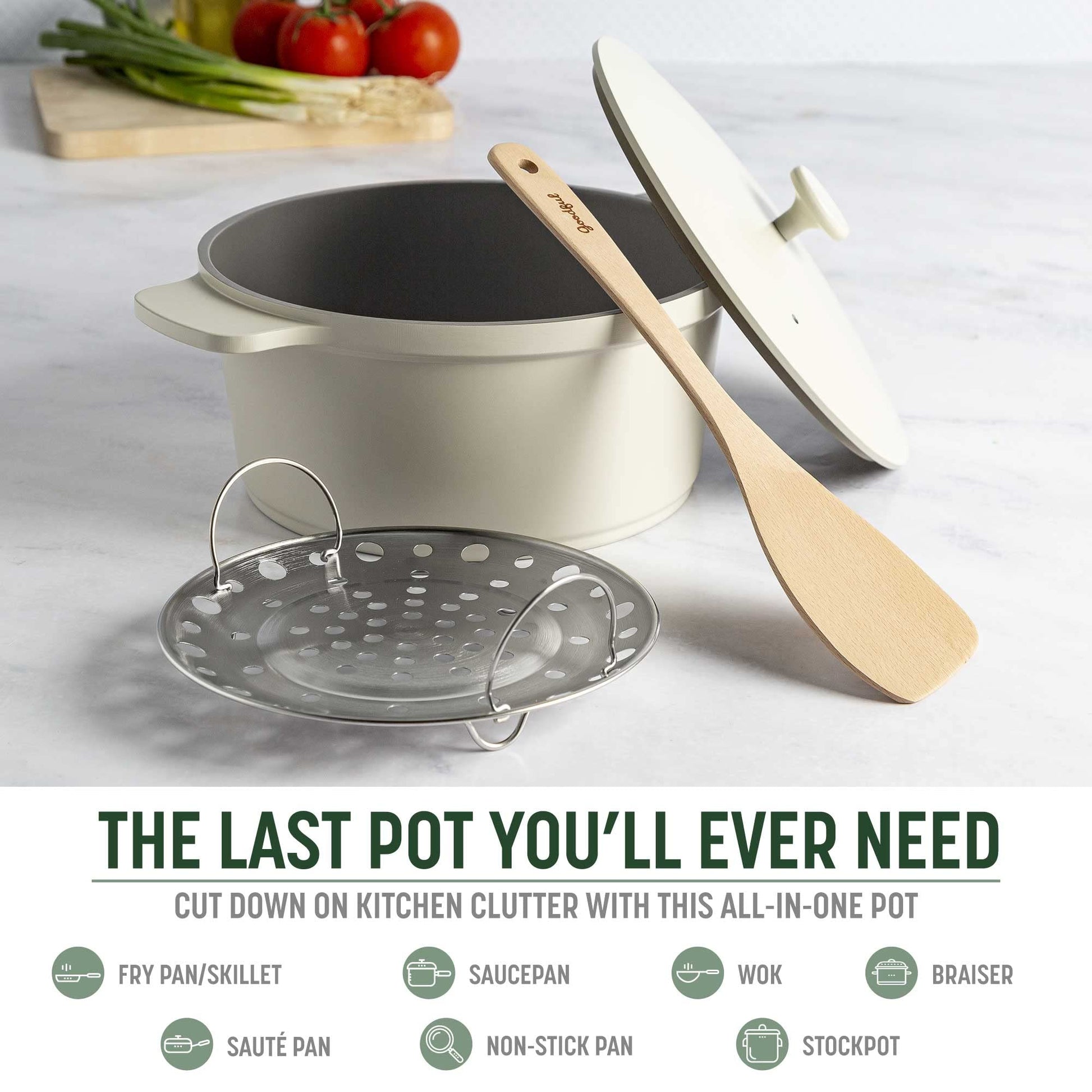 Goodful - Olla todo en uno, antiadherente de revestimiento múltiple, horno holandés fundido de alto rendimiento con tapa a juego, estante para asar y volteador, hecha sin PFOA, utensilios de cocina