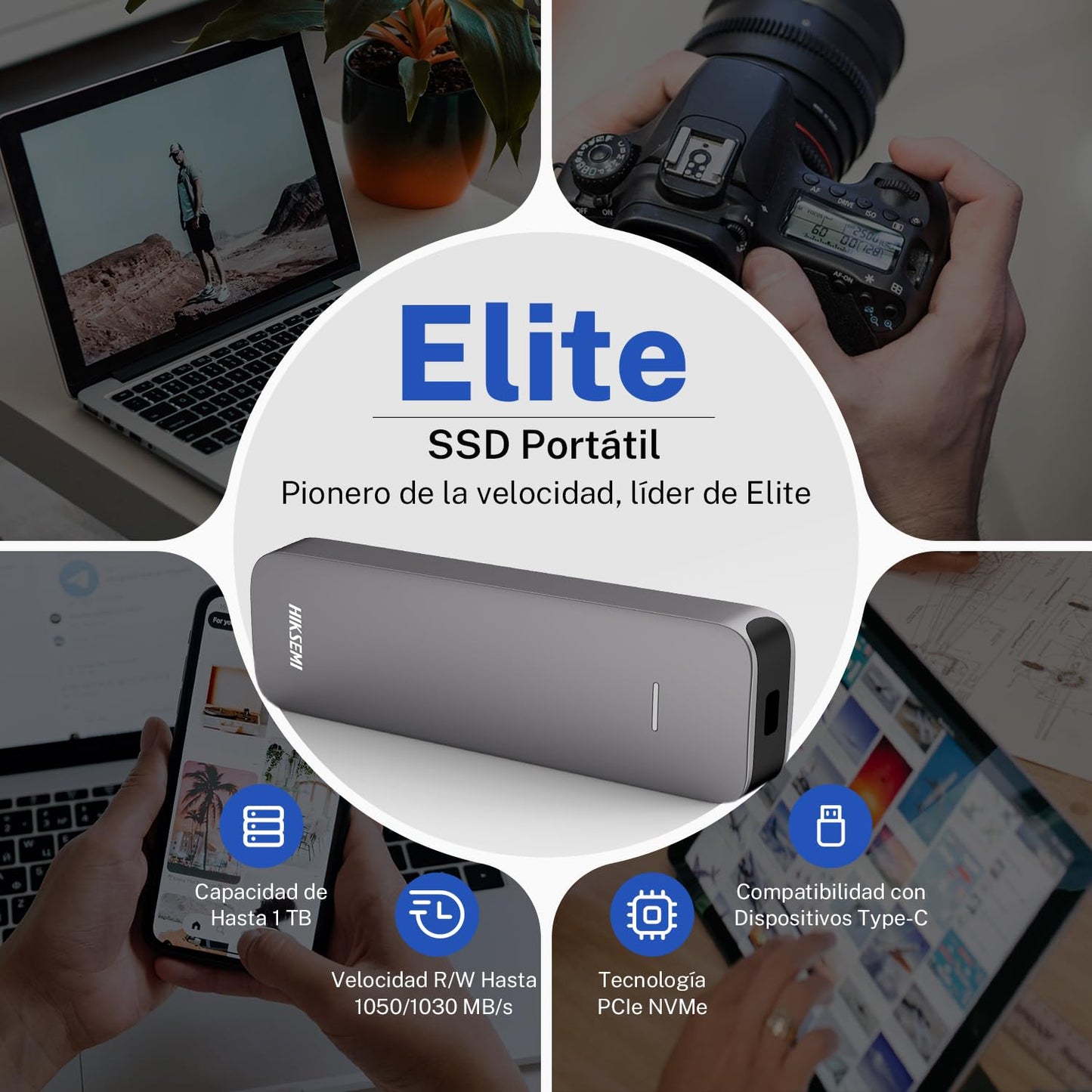 HIKSEMI SSD Externo Portable, Elite 1T [Nueva Generación], Capacidad: 1024GB, Lectura: 1050MB/s y Escritura:1030 MB/s, Compatible con Windows/Mac/Android 4.4 y Superior, USB 3.2, Gen2 Type-C