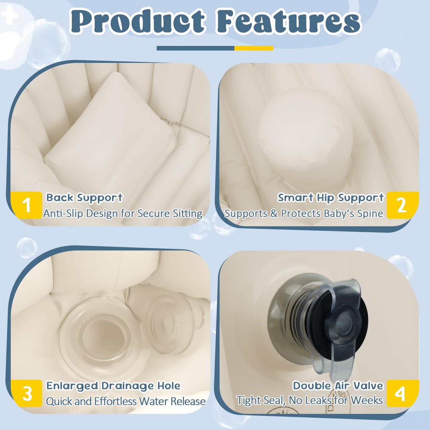 Bañera inflable para bebé, baño plegable para bebé con soporte para la espalda, bañera portátil de viaje para recién nacidos con orificio de drenaje, bañeras plegables para bebés de lactante a niño
