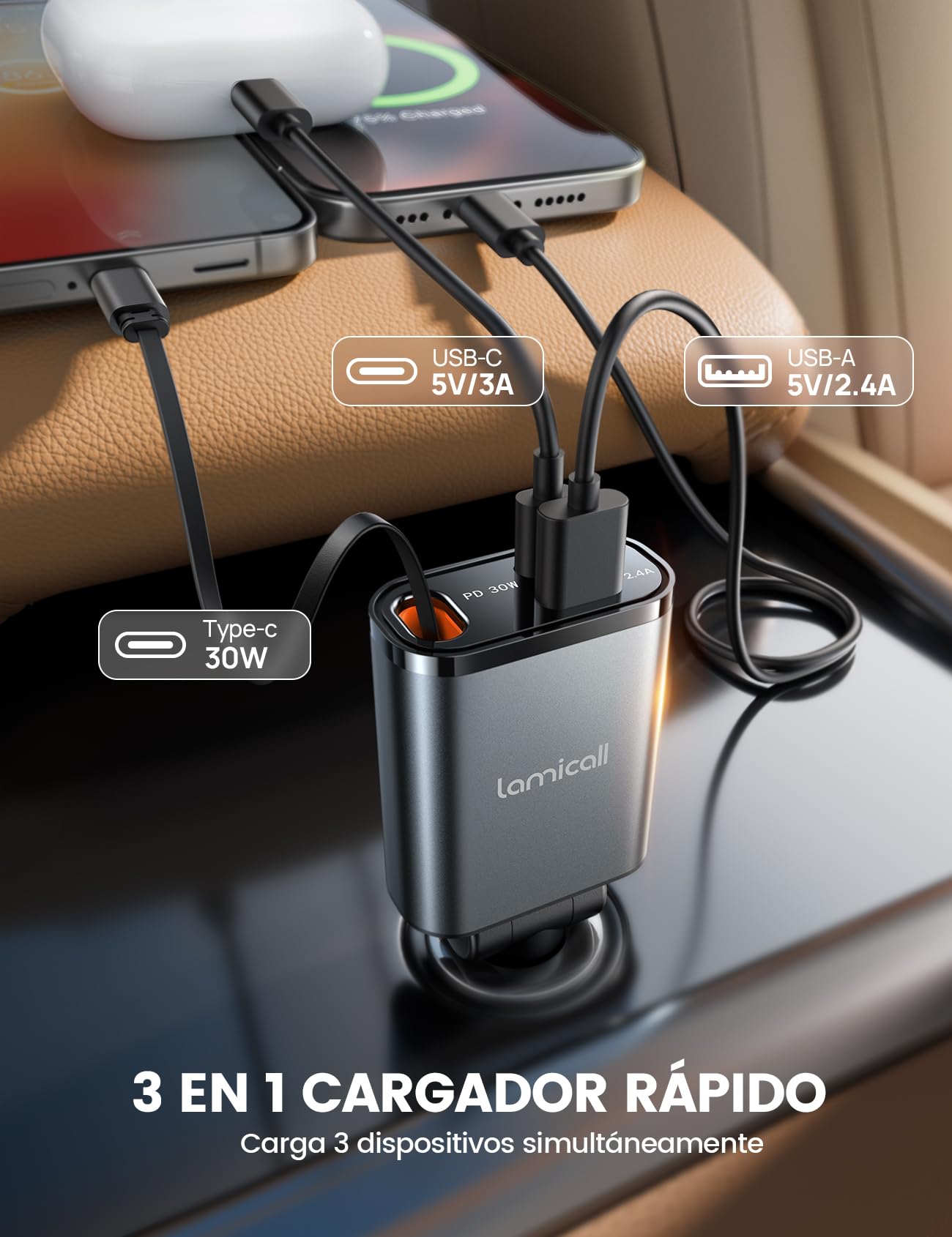 Lamicall 3 in 1 Retráctil Cargador para Auto -【Super Compacto】 57W Cargador para Carro Carga Rápida with Cable Tipo C/USB C/USB A, 12V/24V Socket for iPhone 16/15/14/13, Galaxy S25/S24 Ultra, Android