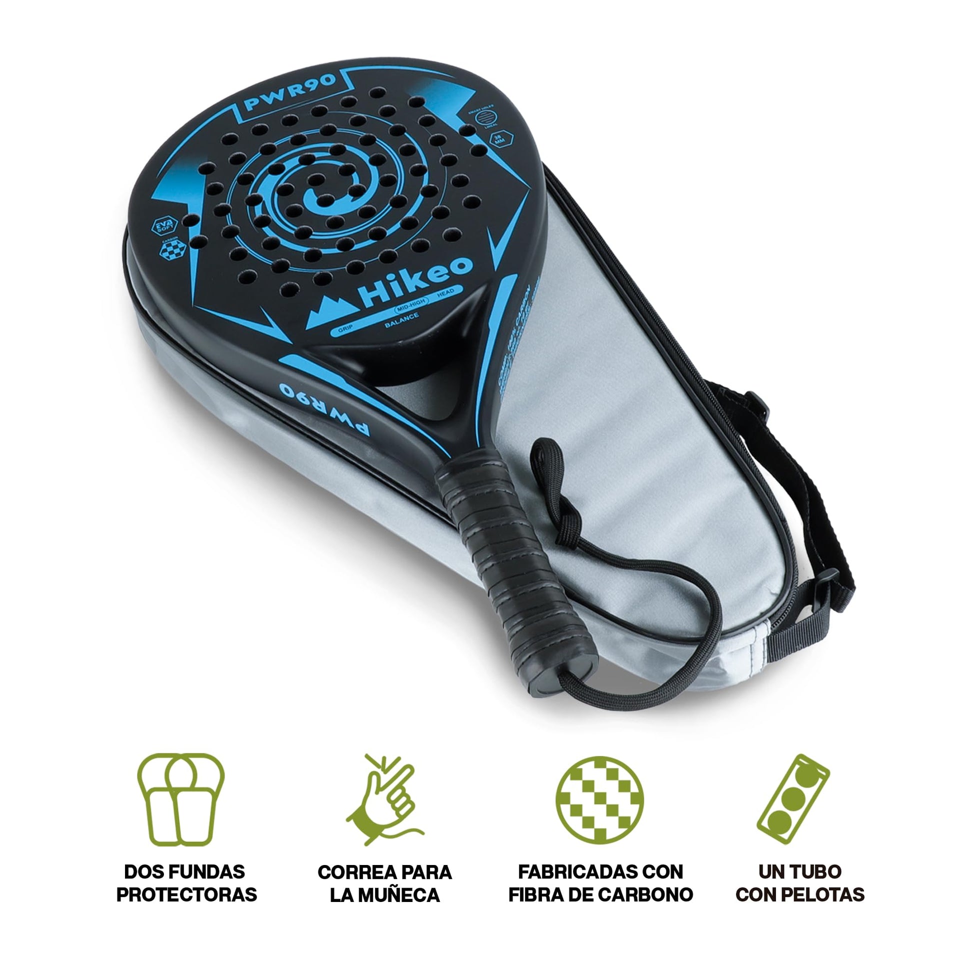 Hikeo Pala de Pádel con Funda, 3 Pelotas y Grip, Kit de Raqueta para Pádel Fabricada con Espuma EVA Flexible y 100% Fibra de Carbono, Resistente y Ligera, para Principiantes e Intermedios