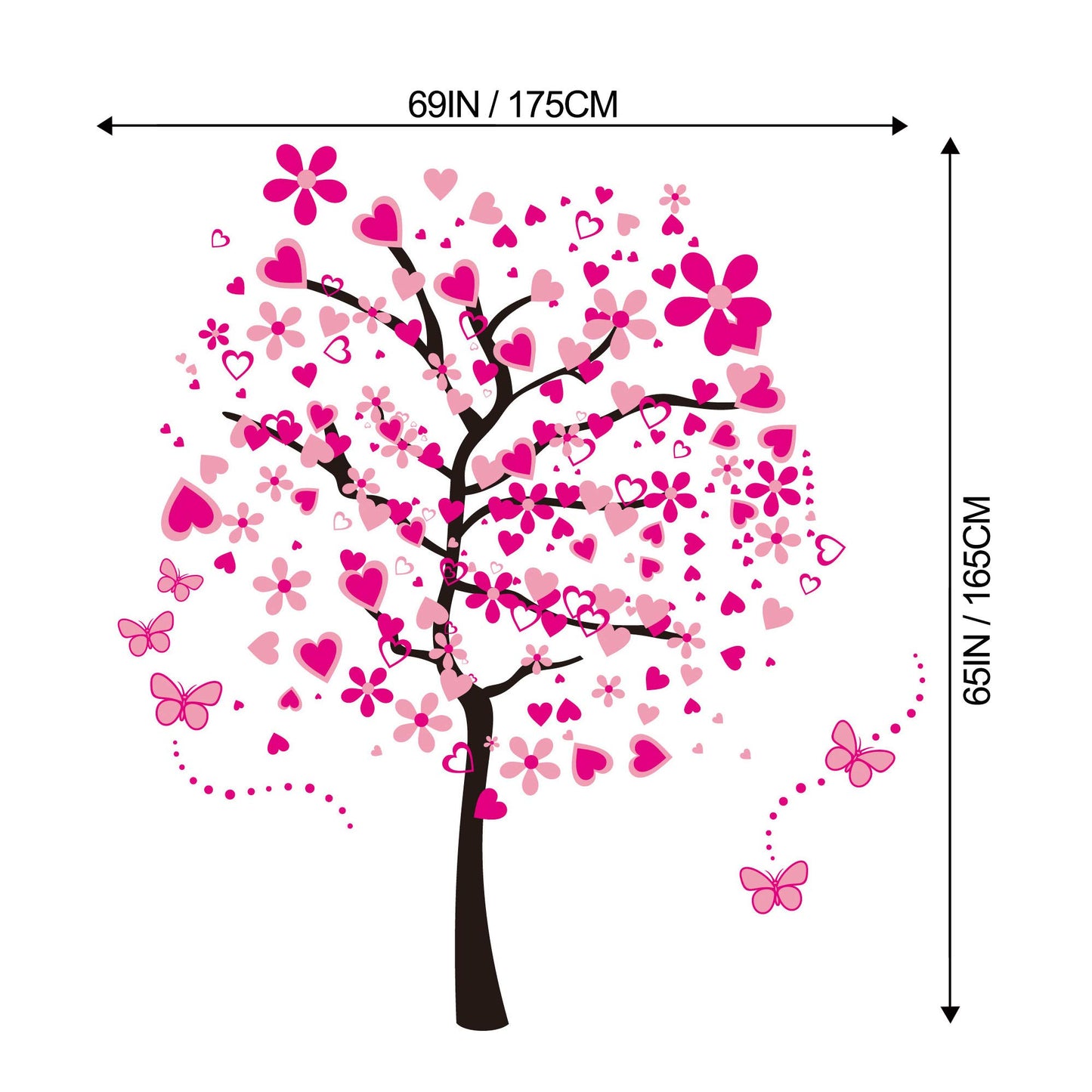 LiveGallery Adhesivos de pared extraíbles enormes de corazón rosa con flores de dibujos animados, mariposas rojas, calcomanías de pared de árbol, decoración de arte para casa, habitación de niñas