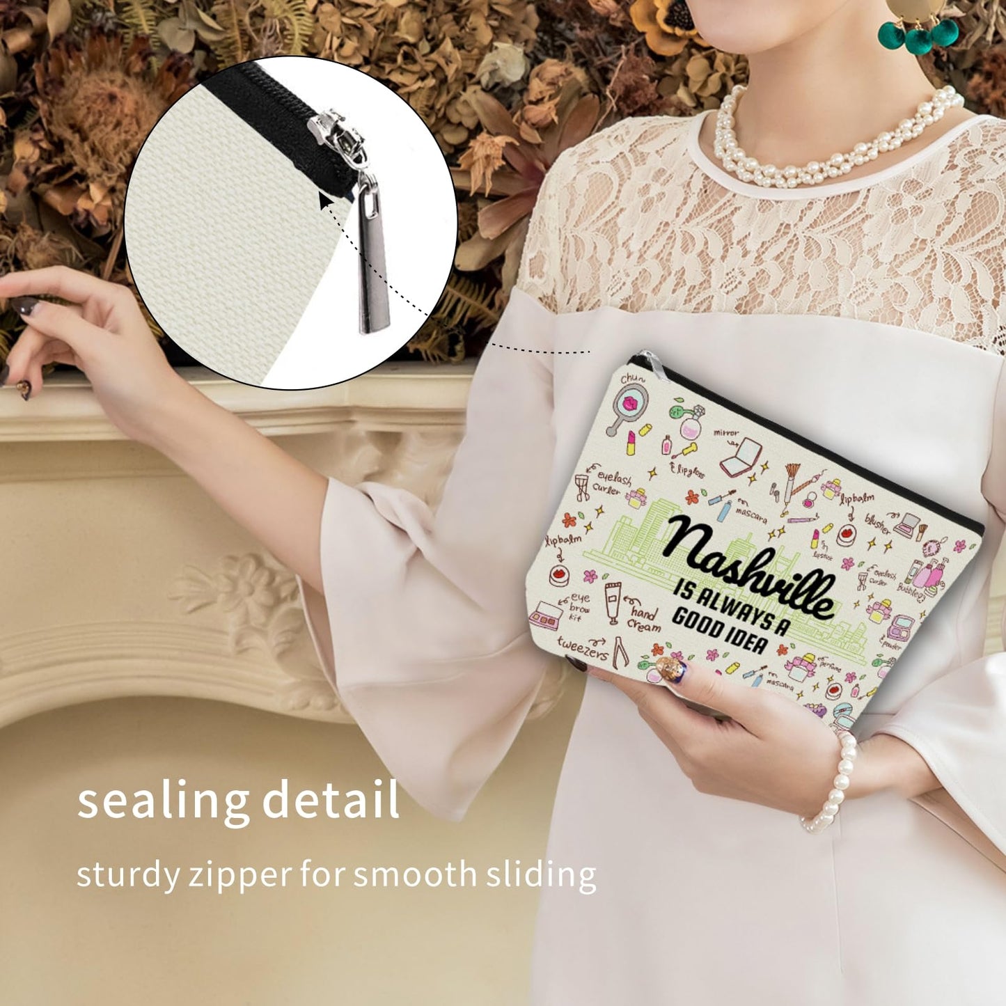 Regalo de viaje inspirado en las niñas: bolsa de maquillaje para adolescentes y mujeres viajeras. Bolsa de cosméticos de regalo ideal para viajes, fiestas, cumpleaños y Navidad, Blanco apagado