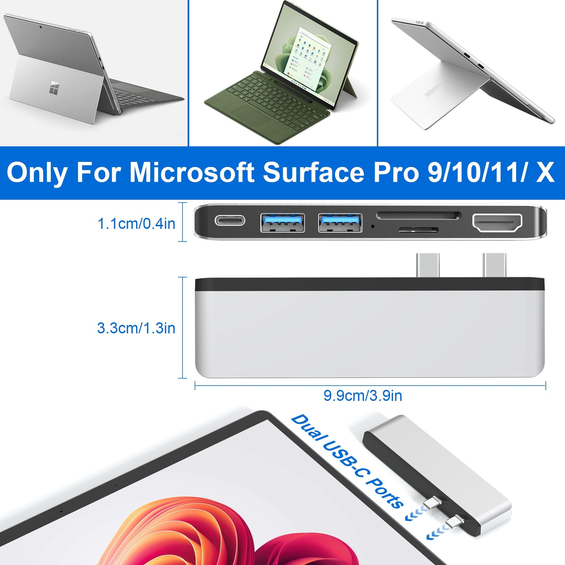 Estación de Acoplamiento USB para Surface Pro 9 10 11 X con HDMI 4K USB-C Thunerbolt 4 100W de Carga y Accesorios USB 3.0 SD TF Hub