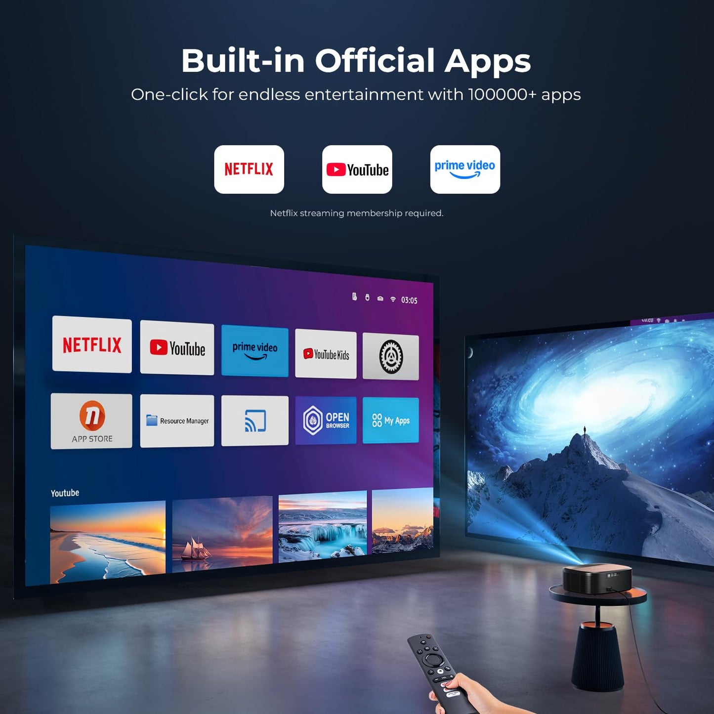 Proyector 4K con Wifi y Bluetooth, ELEPHAS Proyector de películas para exteriores con NETFLIX/Prime Video/YouTube integrado, más de 100.000 aplicaciones compatibles, proyector de video compatible con HDMI/USB/iOS/Android/Windows